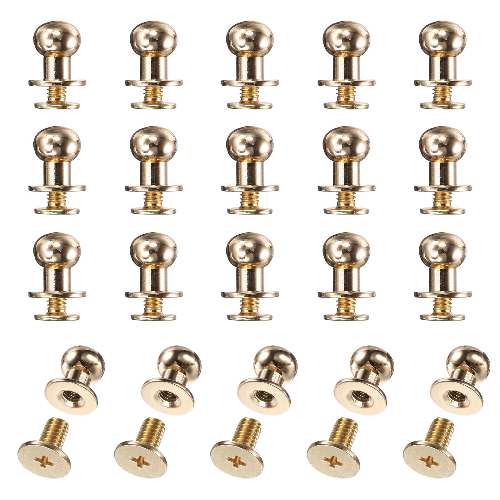 sourcing map 20set Round Head Button Stud Screw 9mm Brass Chicago Screws Button Stud Rivets for Leather DIY Craft Leather Belt Wallet Handbag Repairs Decoration, Gold