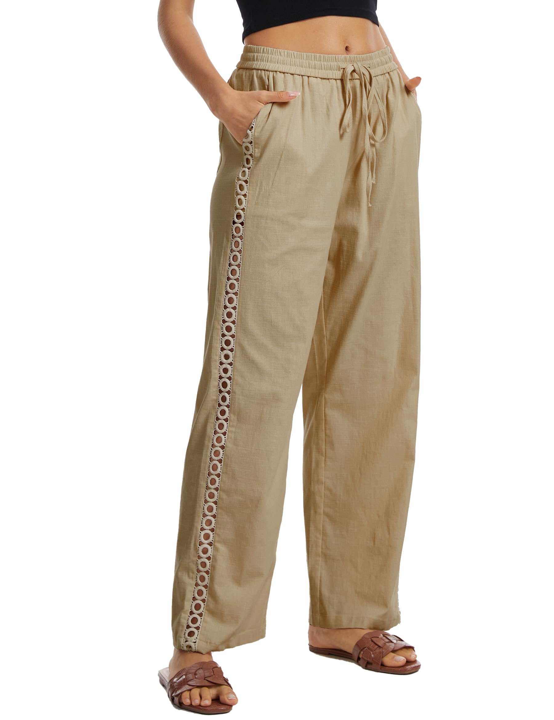 Demoking Womens Linen Pants Wide Leg Casual Palazzo Drawstring Loose Cotton Beach Vacation Clothes for Women with Hollow