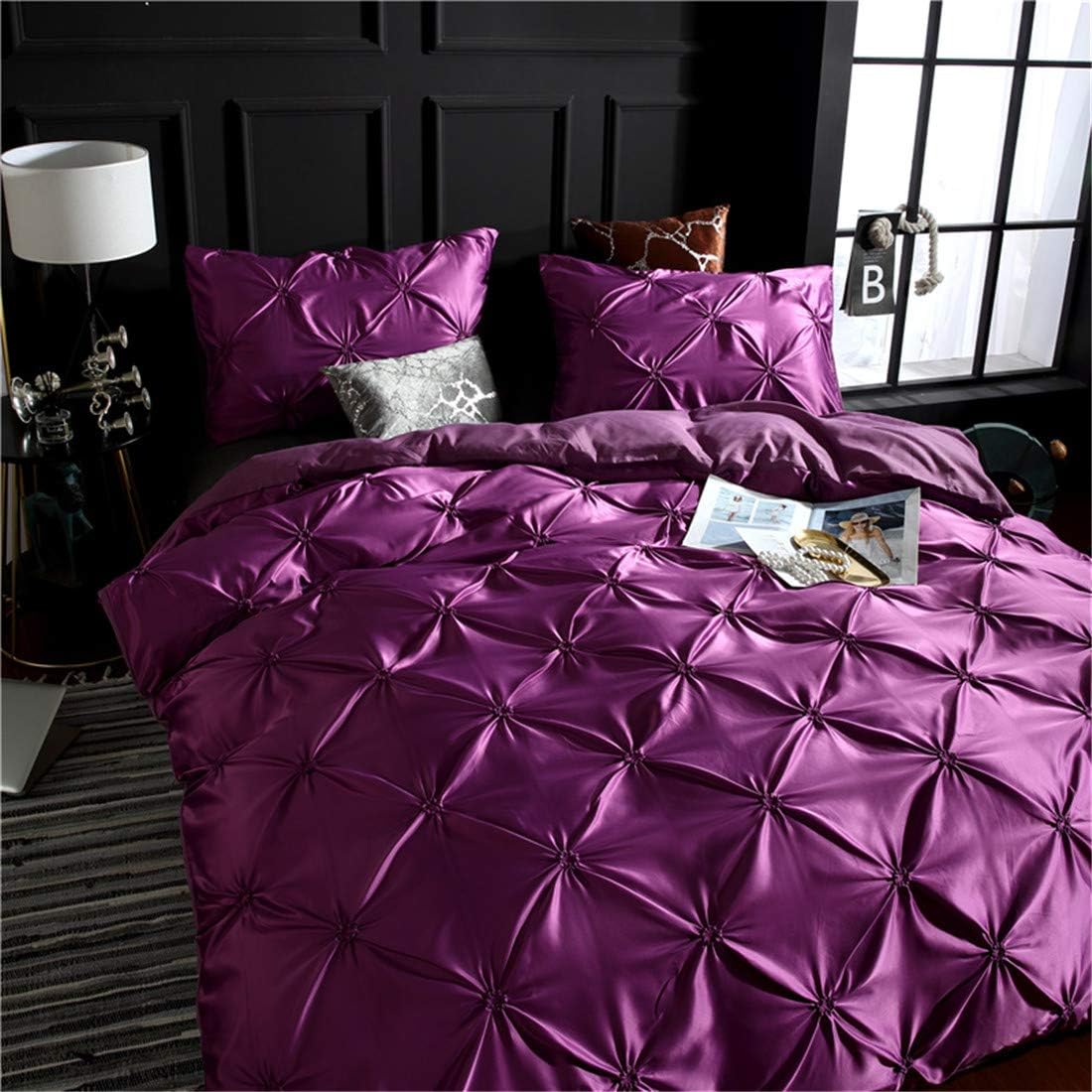 Erosebridal Purple Pinch Pleated Bedding Set Twin Size Silk Like Satin Pintuck Duvet Cover with Zipper Ruffle Design Luxury & Microfiber Comforter Cover Pintuck Decorative Quilt Cover