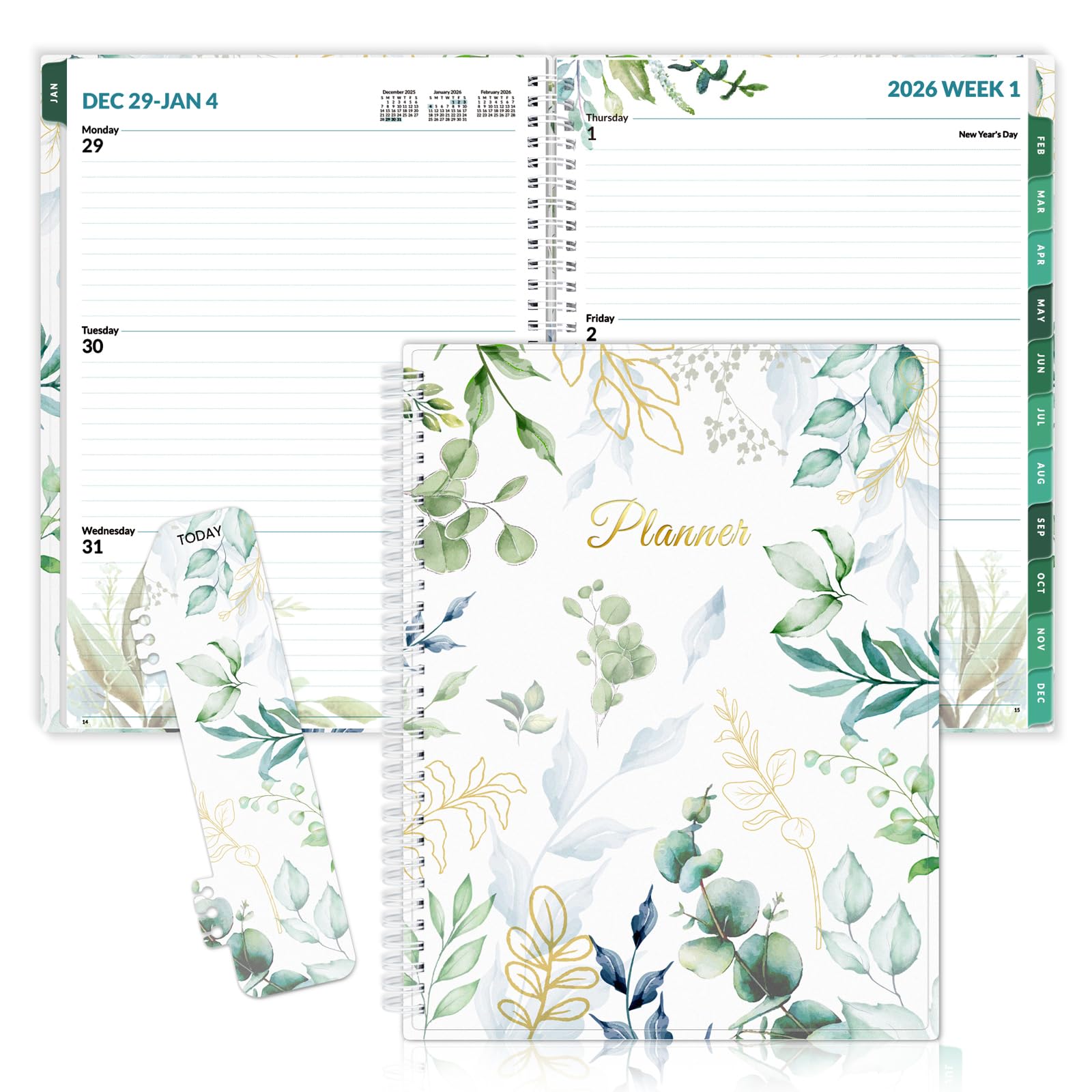 SUNEE 2026 Weekly and Monthly Planner - from January 2026 - December 2026, Daily Agenda Planner with Monthly Tab, Flexible Cover, Note Pages, Pockets, Bookmark, Spiral Binding, Eucalyptus, 8.5"x11"