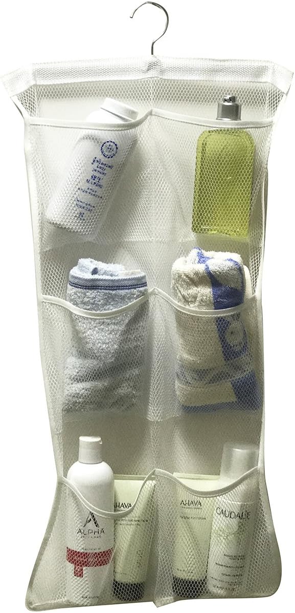 Quick Dry Bath Shower Organizer Caddy with 6-pocket, Hanger Style,Hanging on Shower Curtain Rod / Hooks /Shower Arm Support ,Bathroom Accessories, Save Space (3 Colours Available) (White)