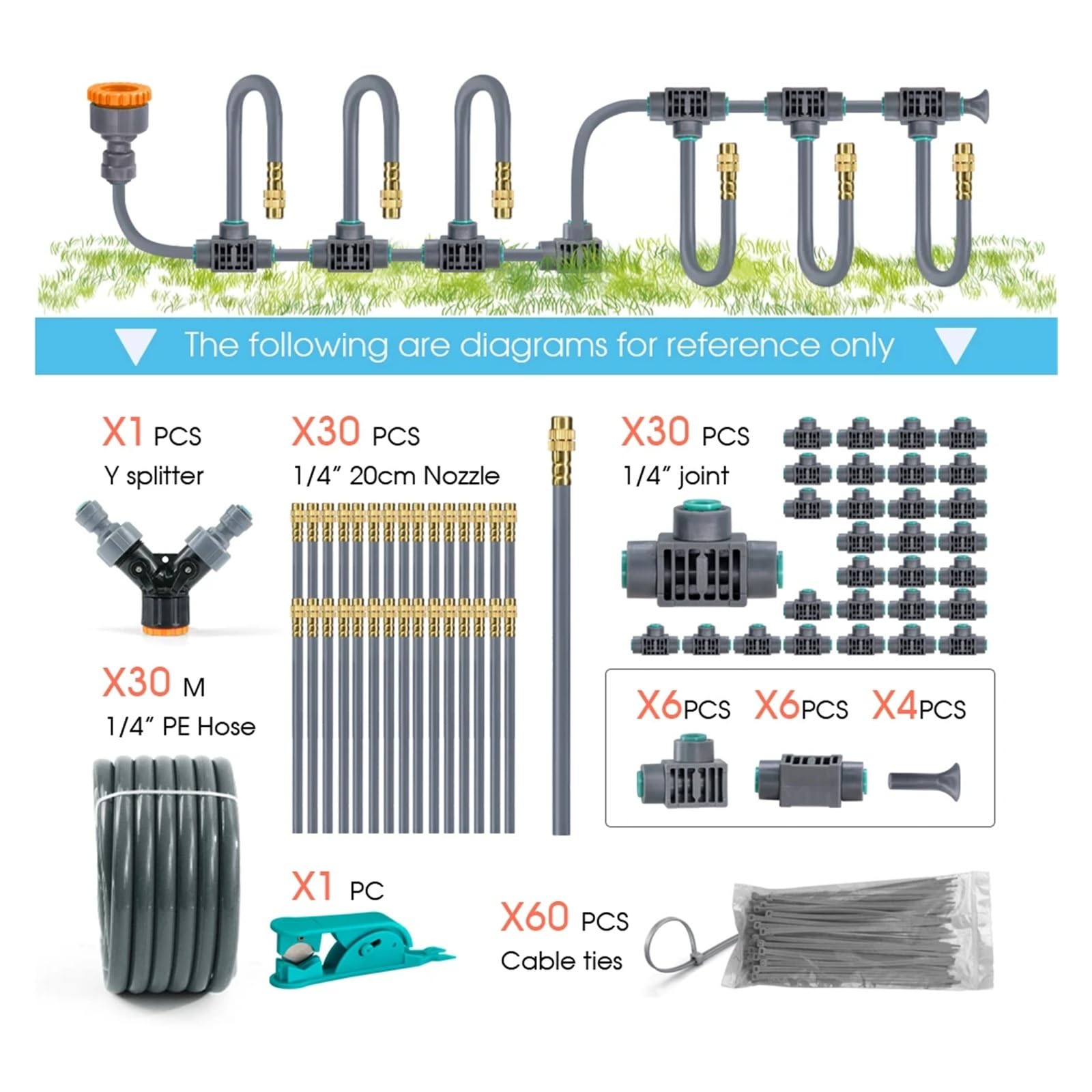 1/4 ''Flessibile regolazione rotativa a 360° Ugello in ottone Set di irrigazione Collegamento rapido Atomizzazione automatica Sistema di irrigazione del giardino(A-30m)