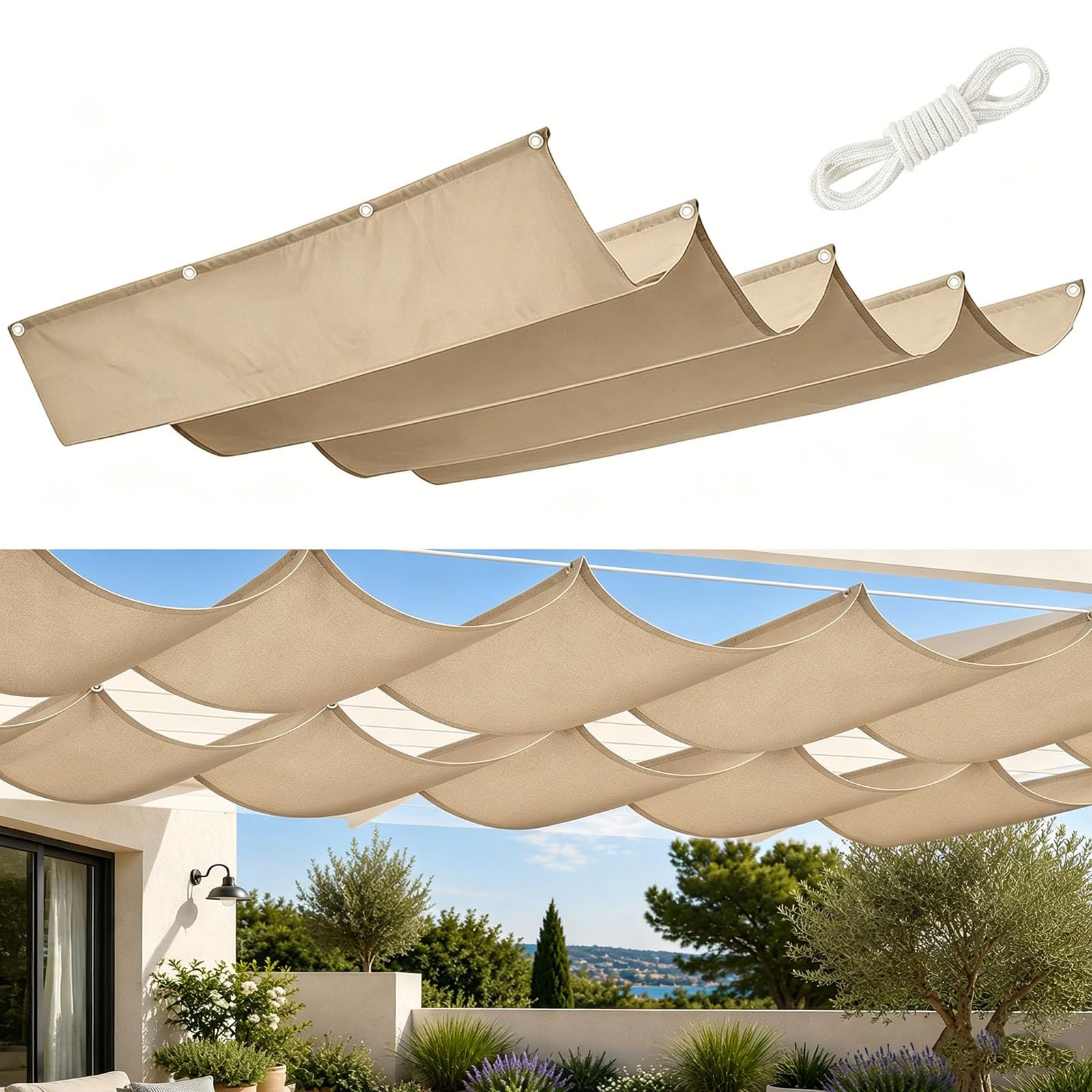 Voile d'ombrage vague rétractable rectangulaire kaki haute résistance