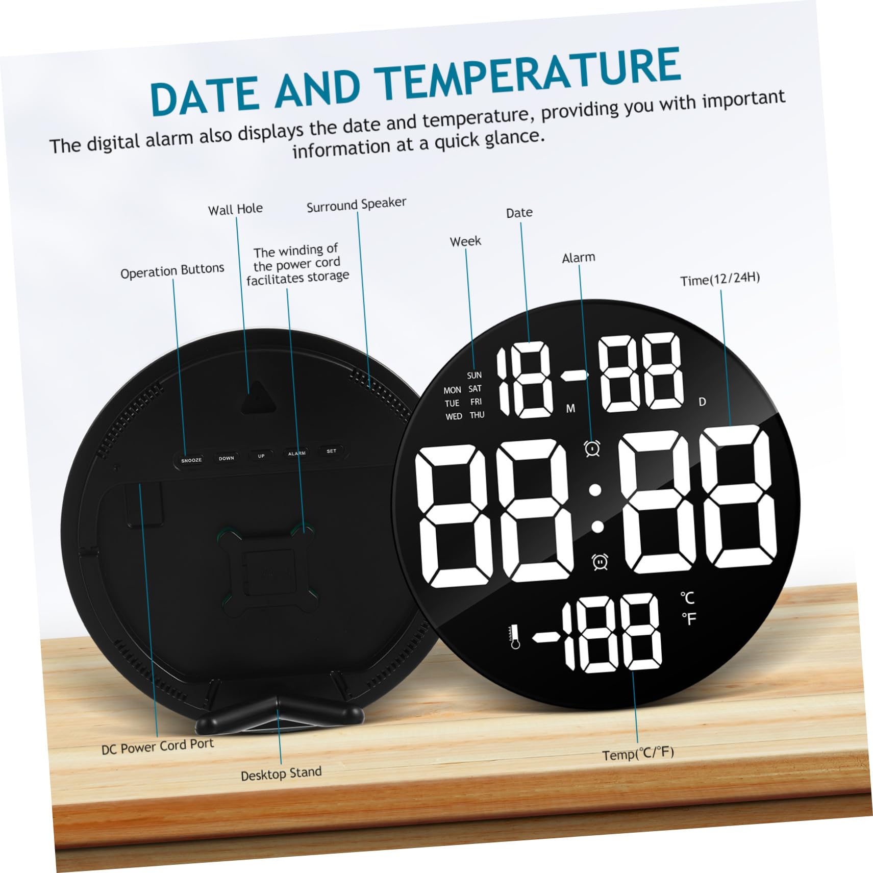 Gatuida Digitale Led Wanduhr Rund Mit Fernbedienung Großes Display Datum Temperatur Anzeige Abnehmbarer Ständer Batteriebetrieben Für Wohnzimmer Schlafzimmer