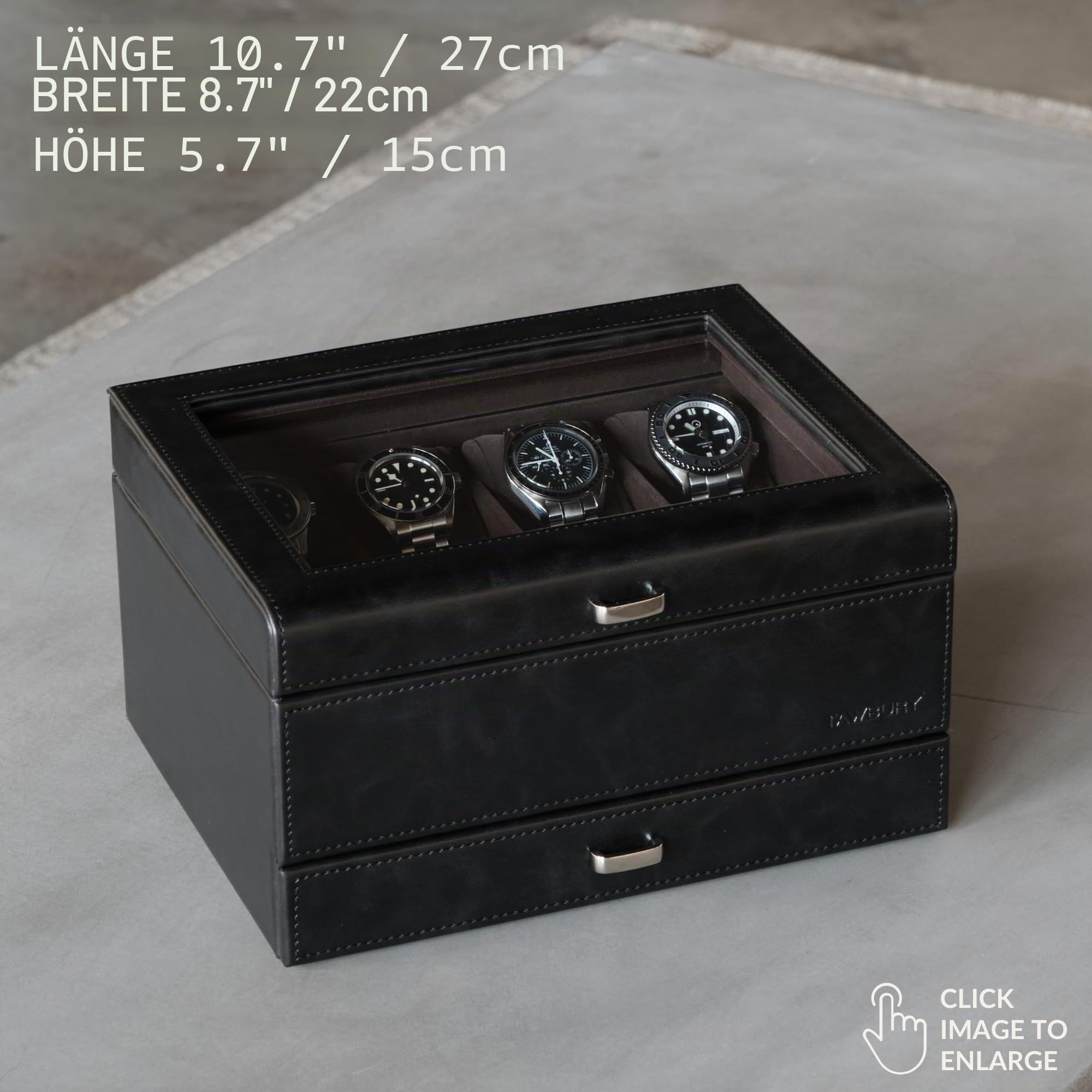 TAWBURY Uhrenbox für Herren - 8-Fach Uhrenkoffer mit Aufbewahrungsschublade, Echtglas-Display und extra breiten Kissen für große Uhren (Schwarz/Anthrazit)