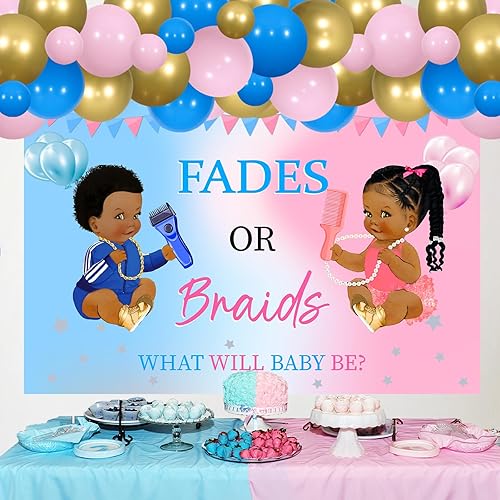 Miniatura 3 de Funmemoir Decoraciones de revelación de género de desvanecimientos o trenzas, arco de globos rosa, azul y dorado con telón de fondo, música retro,