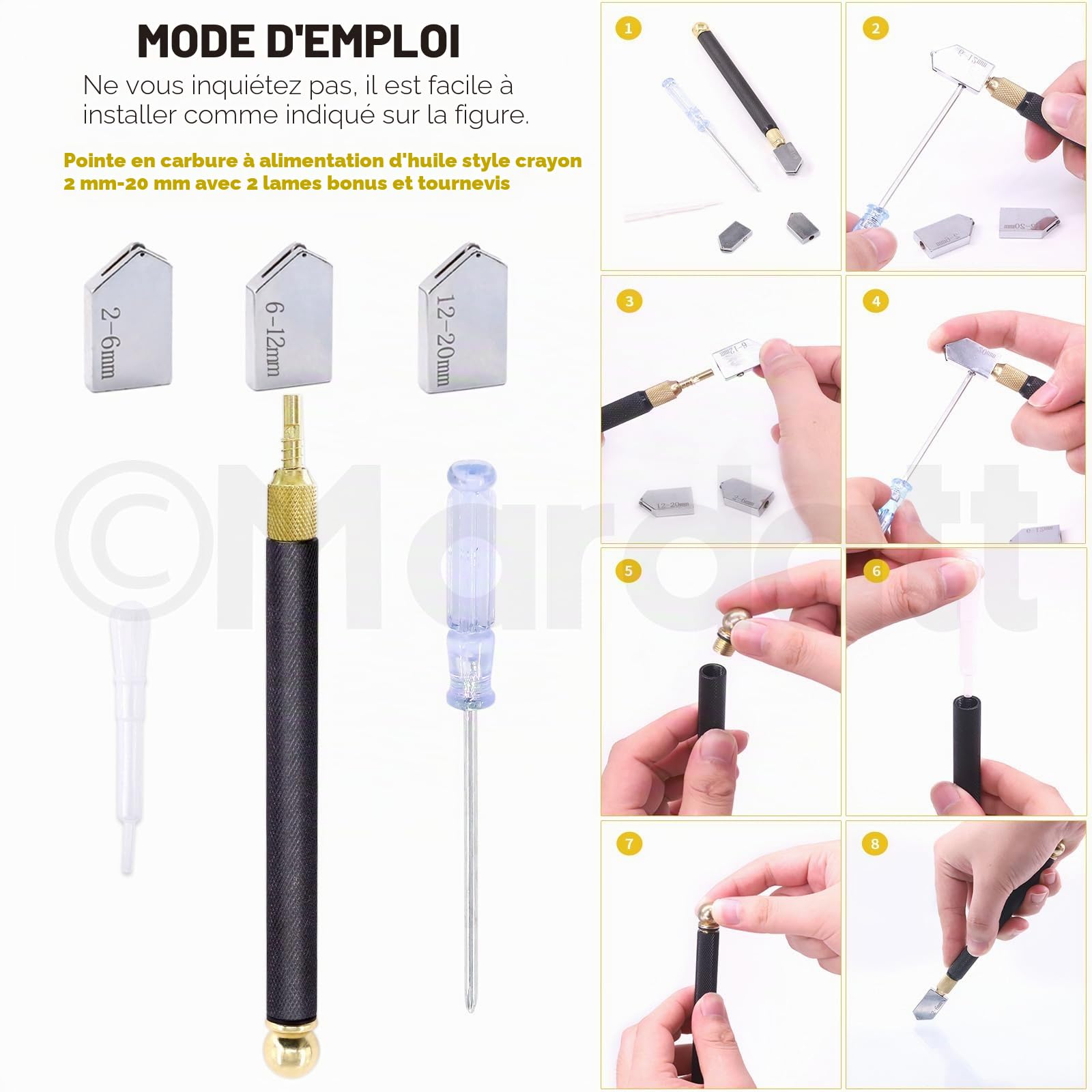 Kit de 9 pièces d'outils de découpe de verre comprend un coupe-verre circulaire ajustable, des pinces à verre avec embout en caoutchouc, embout en carbure à alimentation en huile de 2 mm à 20