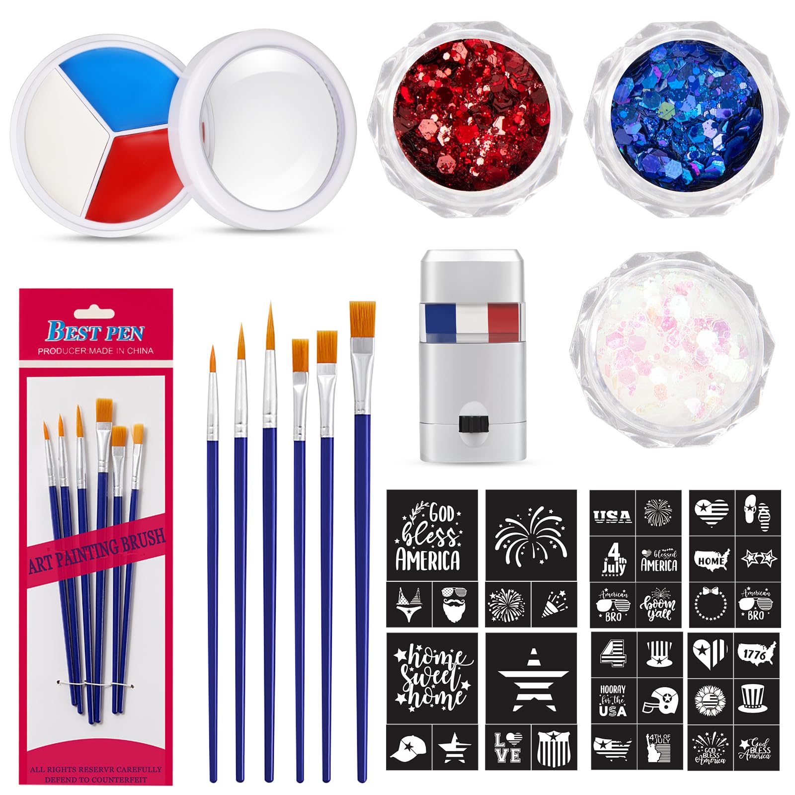 Face Paint Kit with Glitter, Brushes and Stencils