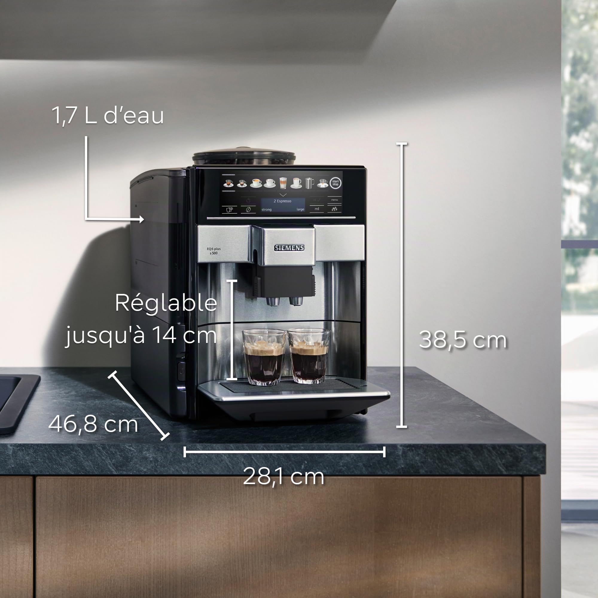 Siemens, machine à café automatique, système de lait, 12 boissons, nettoyage automatique du système de lait, broyeur en céramique, large écran tactile, EQ6 plus s500, TE655203RW