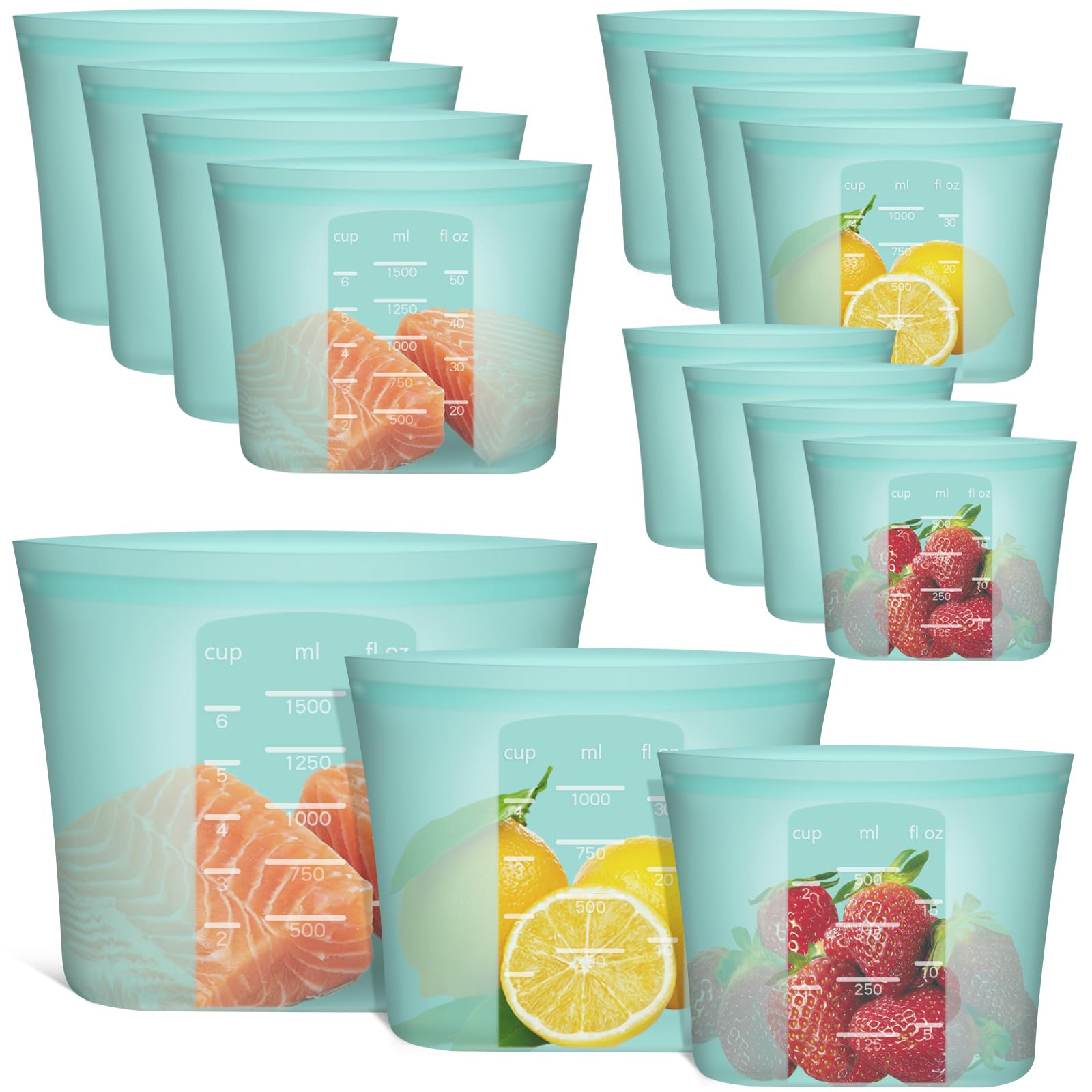 Annaklin Reusable Food Bags, 12 Pack 100% Silicone Food Storage Bags Stand Up Zip Silicone Bags for Food Container, Freezer Microwave Oven Dishwasher Safe, 4 Large 4 Medium 4 Small, Aqua Aqua | M+S+XS | 12 Pack