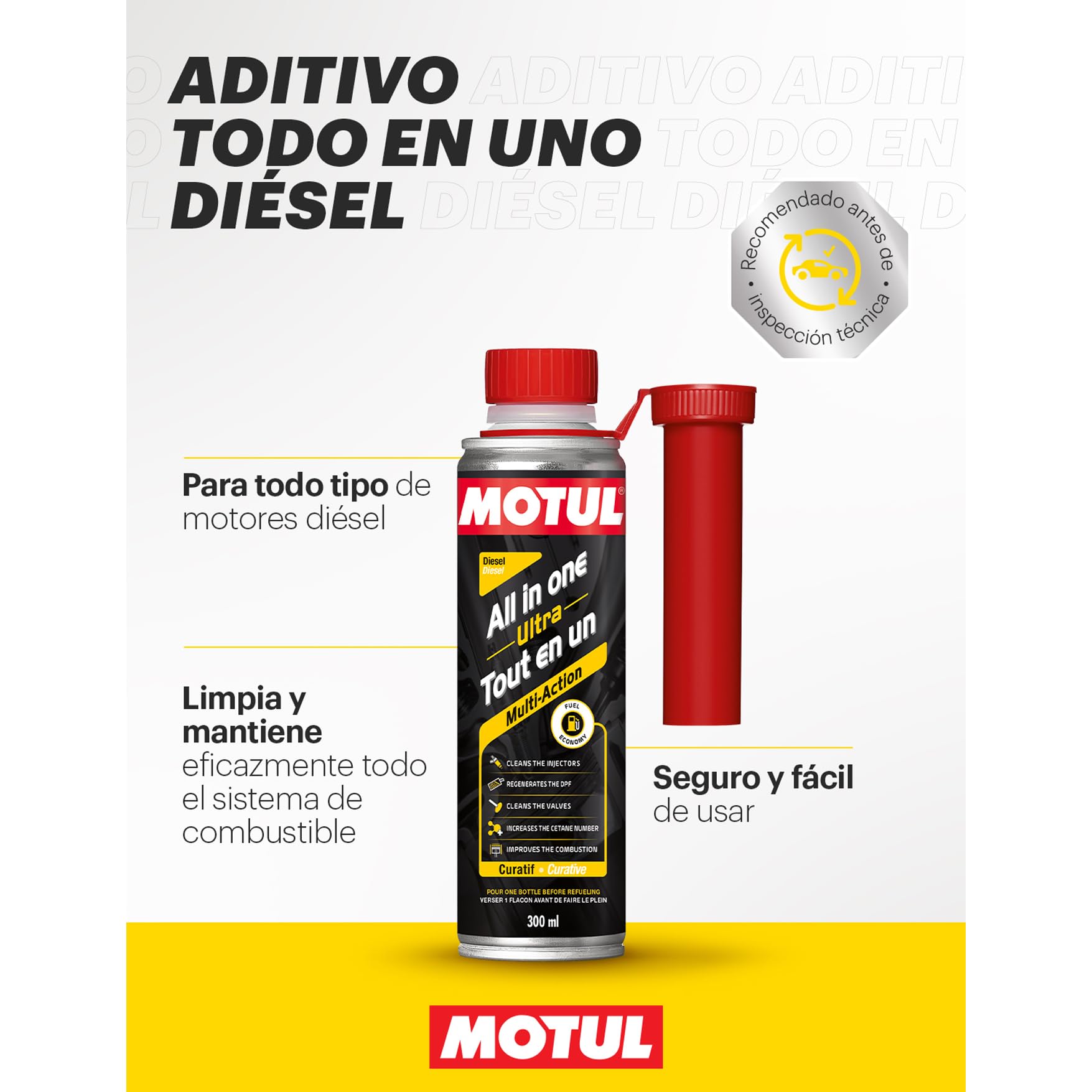 MOTUL Aditivo All In One Diesel, Limpiador Curativo de Acción Múltiple, Reducción de Consumo y Emisiones, Ideal Antes de la Inspección Técnica, All In One Ultra Diesel, 300 ml