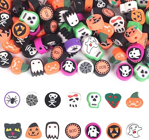 Miniatura 7 de 200 cuentas aleatorias de arcilla polimérica de Halloween, cuentas espaciadoras Heishi para otoño, Halloween, juego de cuentas de arcilla surtidas