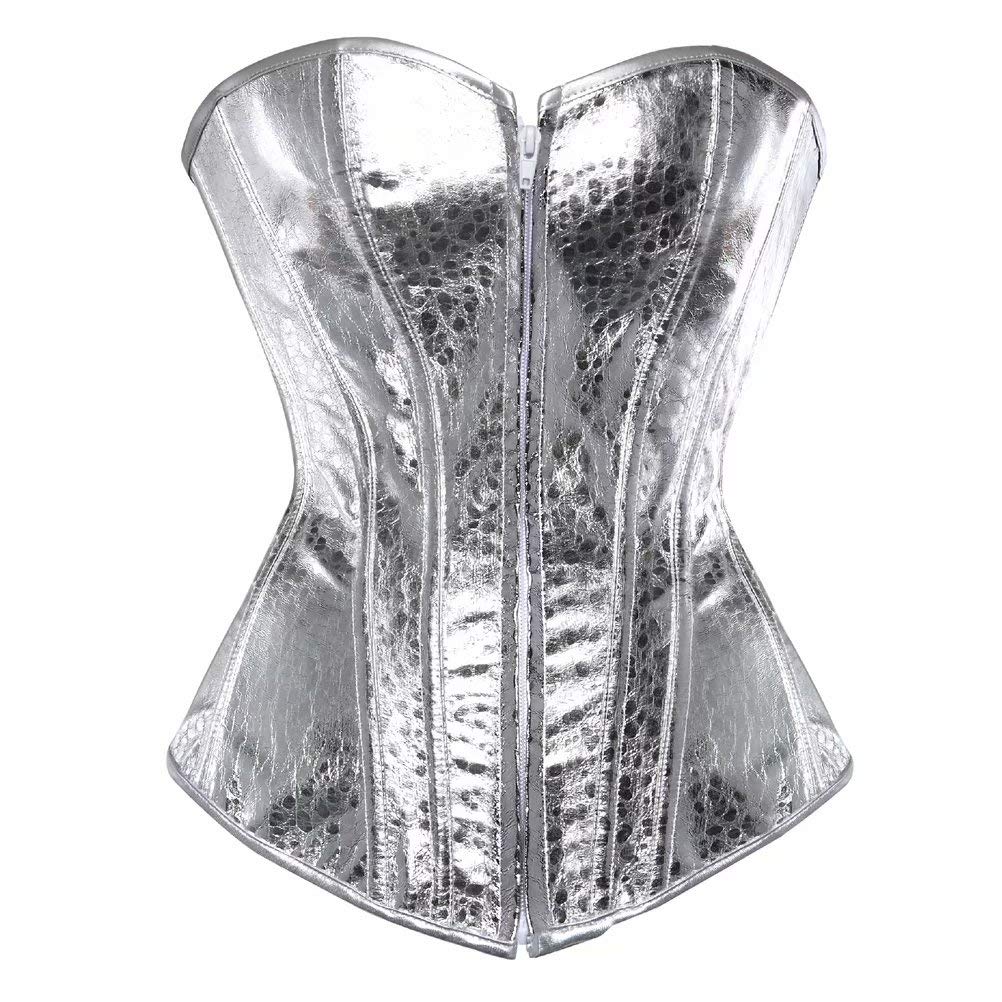 Leather Corsets for Women Sexy Zipper Gothic Bustier Top Punk Rock Plus Size Waist Cincher Silver M