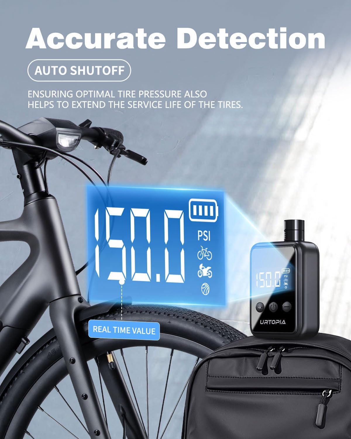 URTOPIA Mini Bike Tire Pump, Fast Inflate Bicycle Pump with Gauge, Rechargeable 150PSI Portable Electric Bike Air Pump with Presta and Schrader Valve for Road Bike, Ebike, Motorcycle, Ball - Image 5