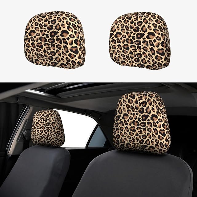 Yobvec Cheetah Print Car Seat Headrest Covers Universal Size Soft Breathable Leopard Car Accessories 2 Packs
