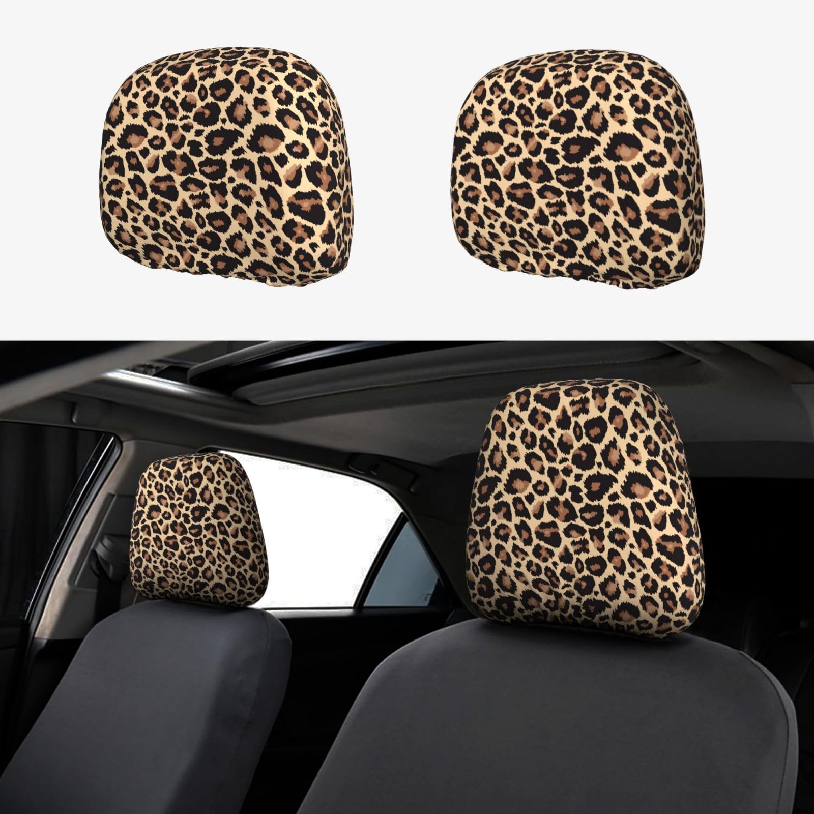 Yobvec Cheetah Print Car Seat Headrest Covers Universal Size, Soft Breathable Leopard Car Accessories 2 Packs