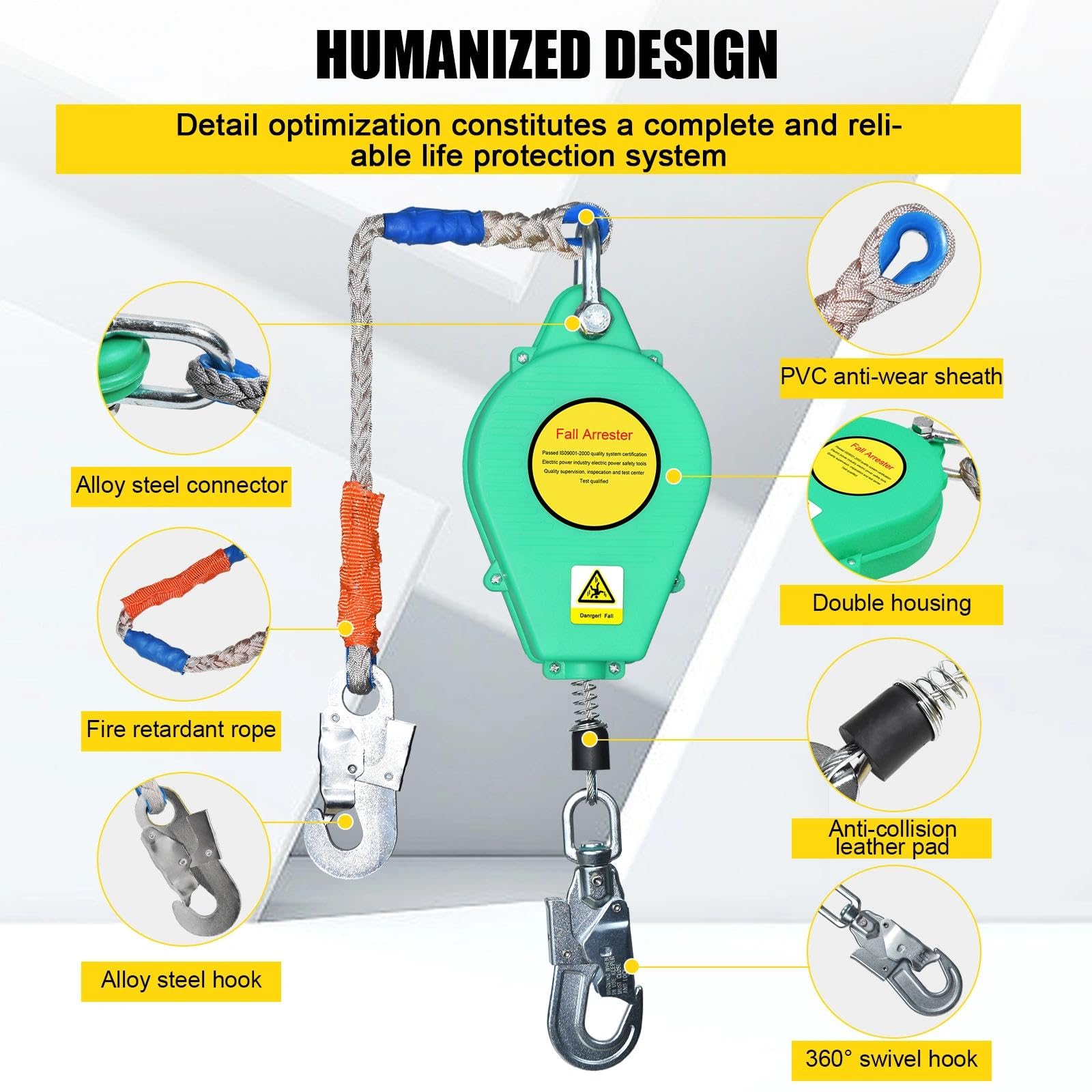 Dispositivo Anticaida Retráctil 10m/15m/20m, Anticaidas Retractil Seguridad Homologado con Gancho Mejorado, Linea de Vida Retractil con Mosquetón, Capacidad de Carga: 150 kg(Verde,10m)