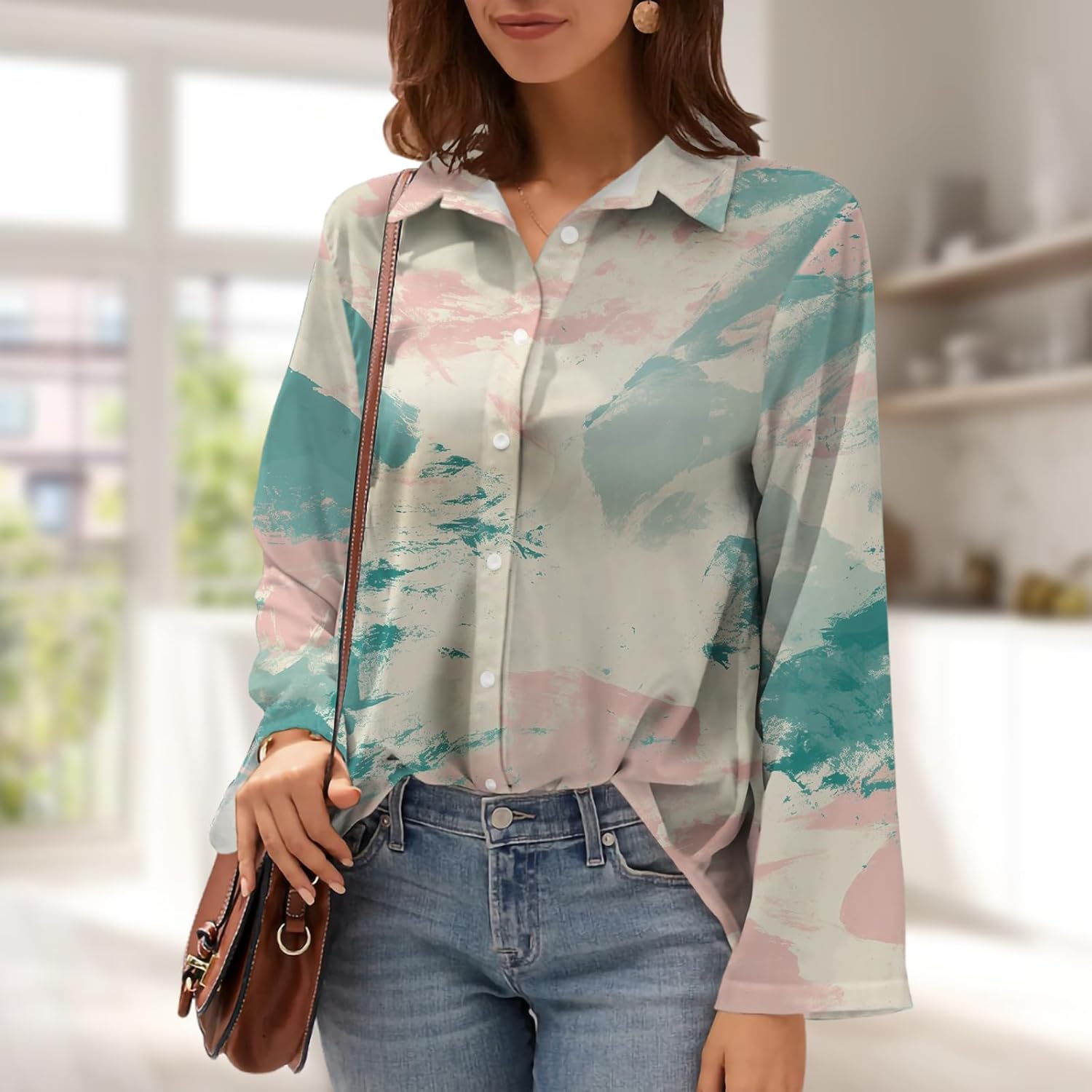Womens Button Down Blouse Abstract Print V Neck Long Sleeve Colorful Tops Lightweight Casual Work Shirts S-3XL - Image 2