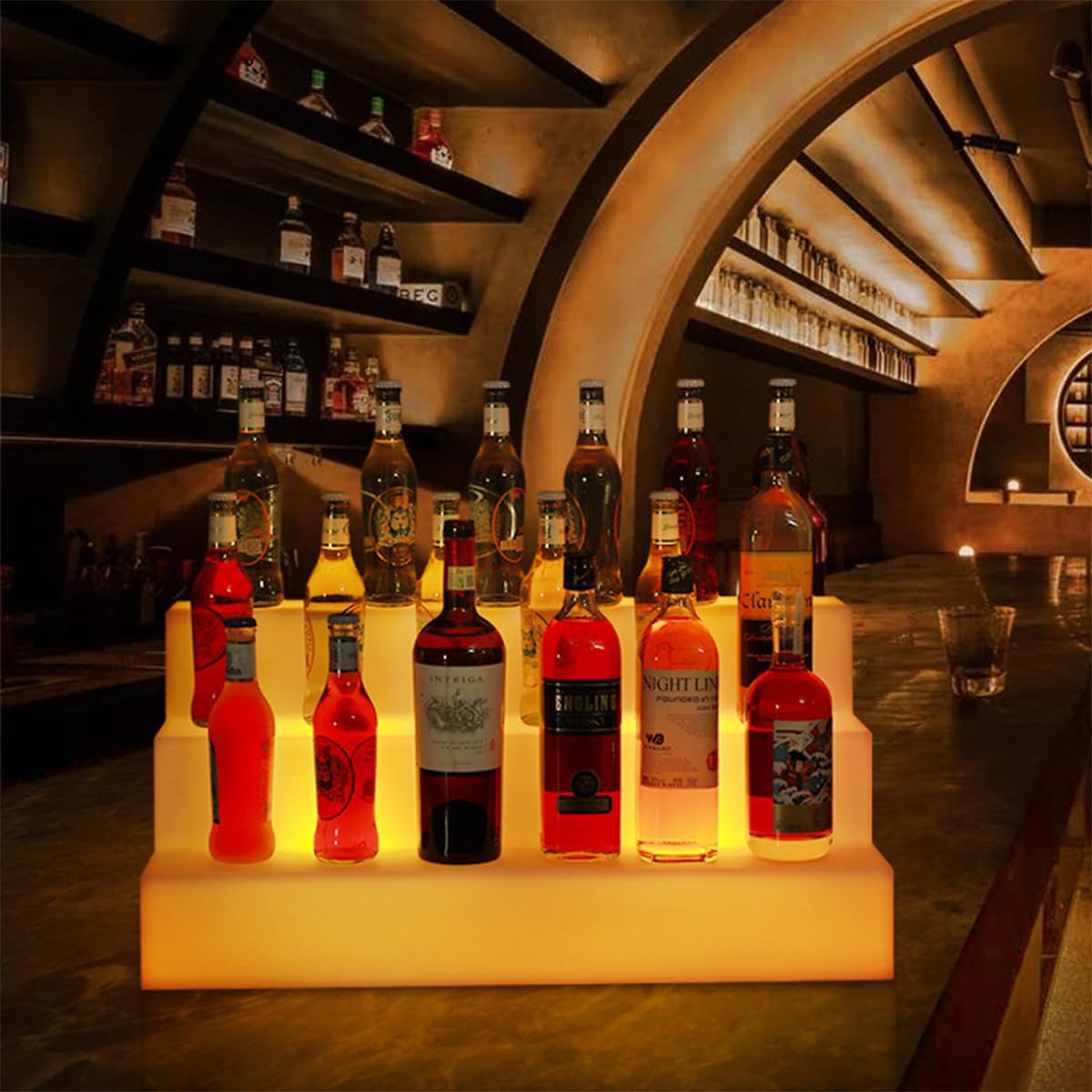 Espositore per Bottiglie a LED a 3 Livelli, portabottiglie Luminoso colorato e variabile, scaffale per liquori per Birra, Vino Rosso, Sidro e Altro al Bar delle Feste KTV