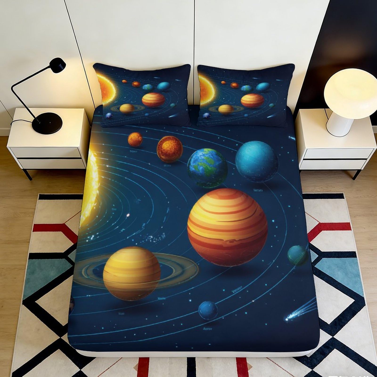 3D Printed Solar System Fitted Sheet Microfiber Soft Breathable Planet Design Mattress Cover for Bedroom Dormitory Guest Room Protection Decoration 120x200x25cm
