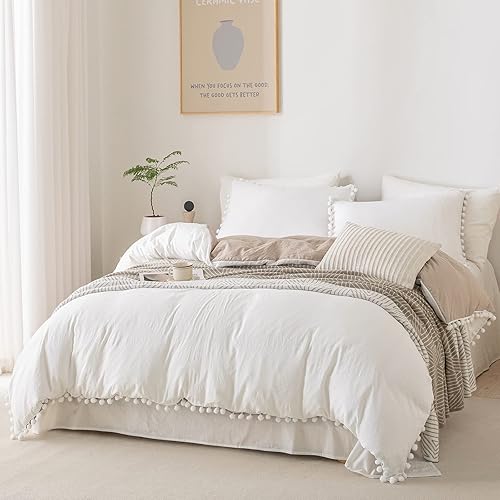 Miniatura 3 de Bedbay Juego de edredón estético bohemio, tamaño Queen, edredón blanco, elegante con pompones, flecos y flecos, juego de edredón ligero de