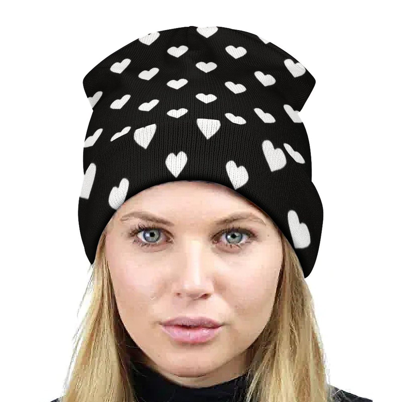 Amazon.co.jp: ニットキャップ ラブ 柄 ハート柄 黒白 ビーニー