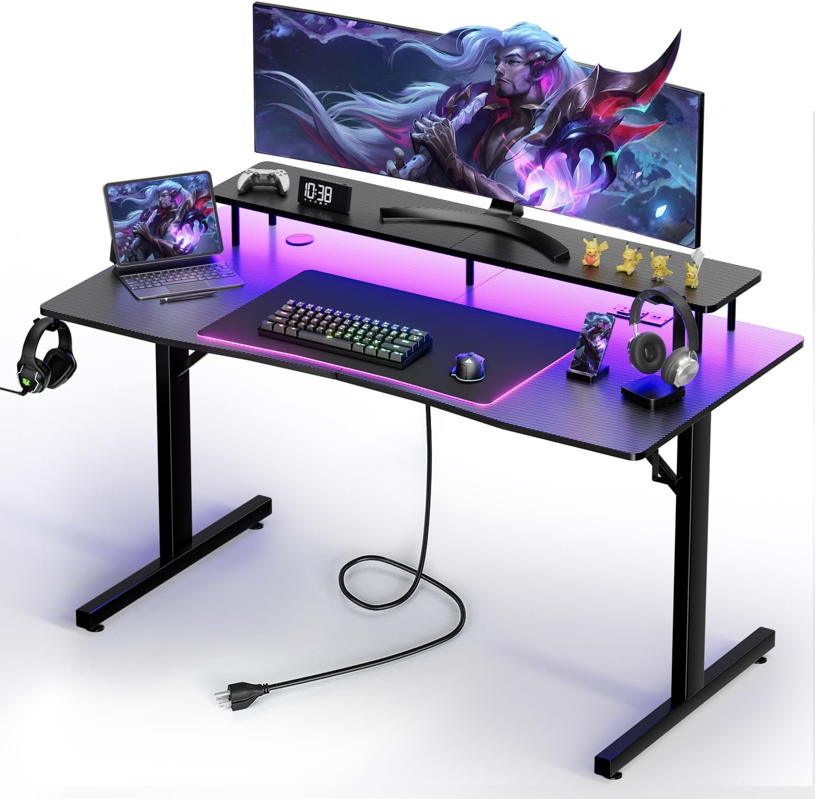 GTPLAYER Gaming Desk with LED Lights, 55 Inch Large Computer Gamer Desk with Monitor Stand & Power Outlet, Ergonomic Carbon Fiber Surface Gaming Table with Mouse Pad for Home Office, Carbon Black