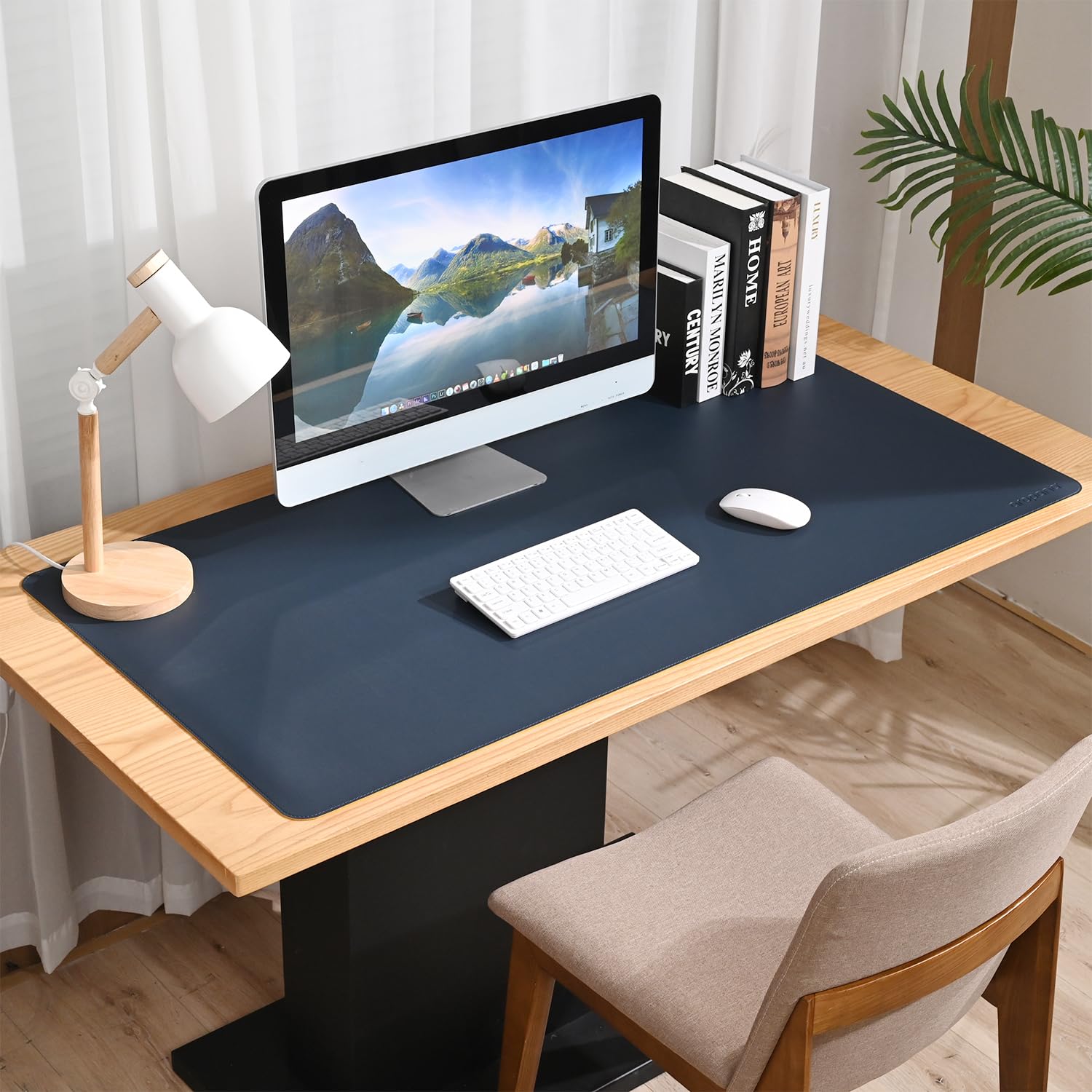 AROPANA Vegan Leather Desk Mat 120x60cm | Large Reversible Mouse Pad & Computer Table Protector | Dual-Side Waterproof Extended Laptop Pad with Edge-Stitched Design (Navy Blue and Yellow) 2