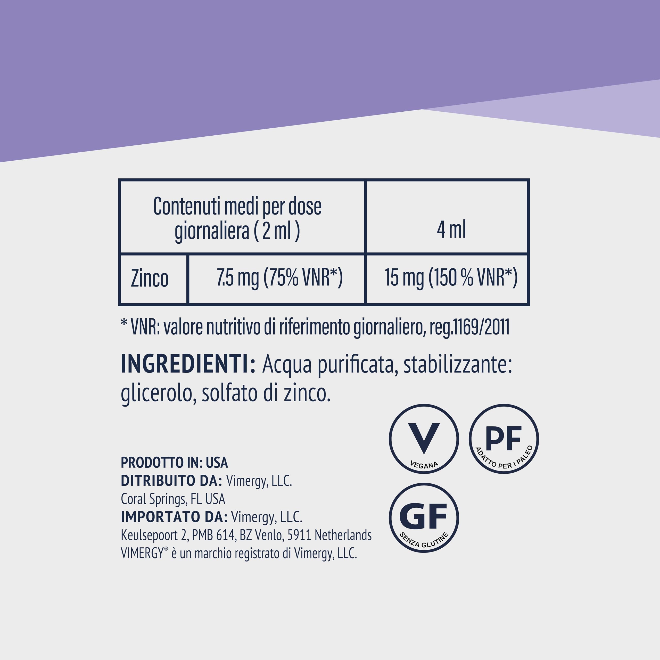 Vimergy Zinco Liquido Formato Prova 55ml – 27 Dosi – Zinco Integratore – Difese Immunitarie, Metabolismo, Ossa – Antiossidante – Senza Zuccheri, Glutine e OGM Kosher Vegan/Paleo-Friendly