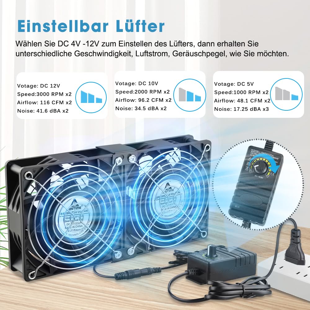 GDSTIME 120mm Lüfter 230V Doppellüfter 120x120x38 Regelbar Doppelkugellager | 2x 120mm lüfter 230v 120x38 Großer Luftstrom 4V -12V Geschwindigkeit Kontrolle für Kühlschrank Wechselrichter Server Schrank
