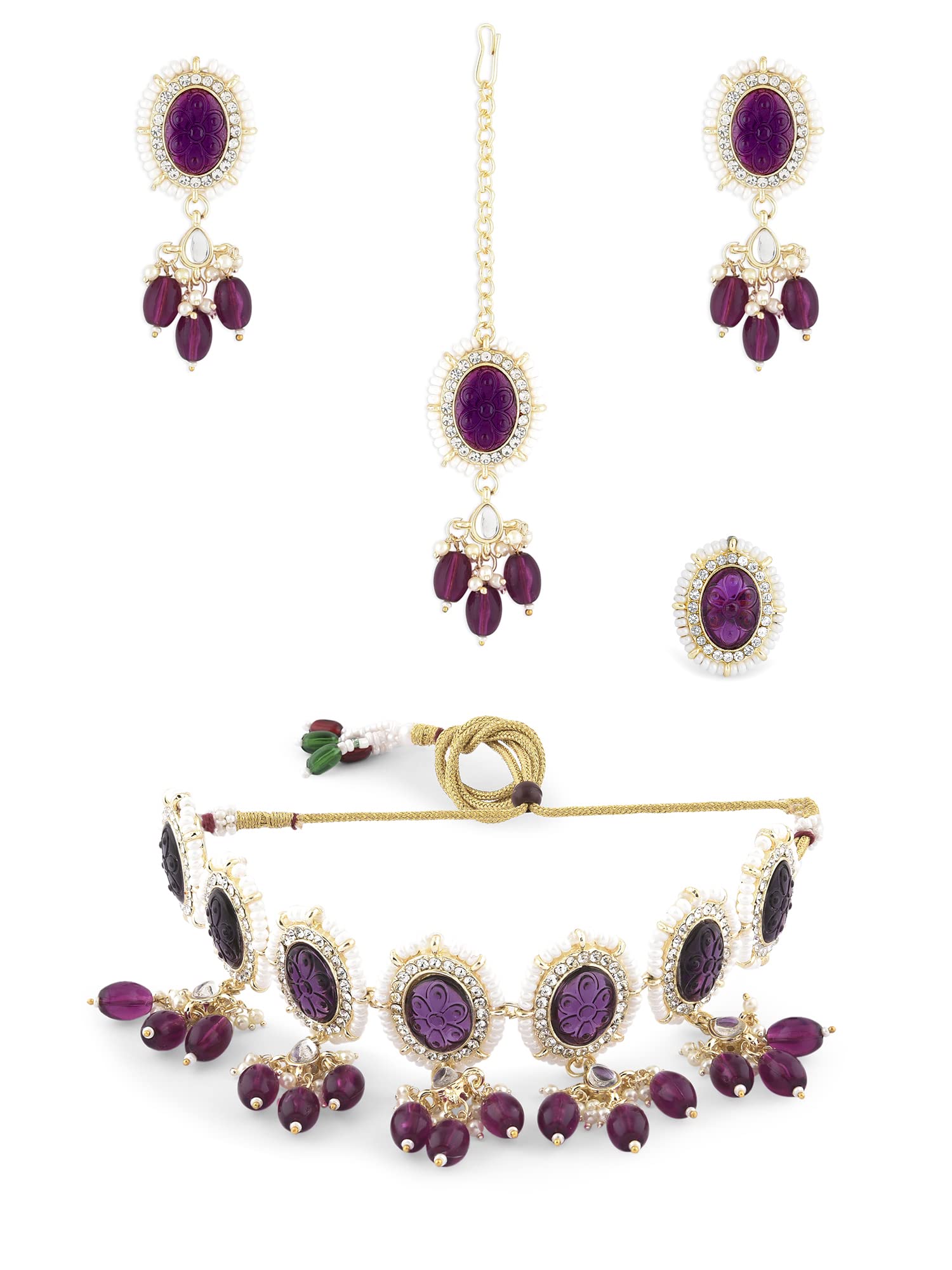 ZAVERI PEARLS Purple Stones & Beads Choker Necklace Earring Ring & Maangtikka Set For Women-ZPFK15361 (B0BRNBM3SZ) Amazon Price History, Amazon Price Tracker