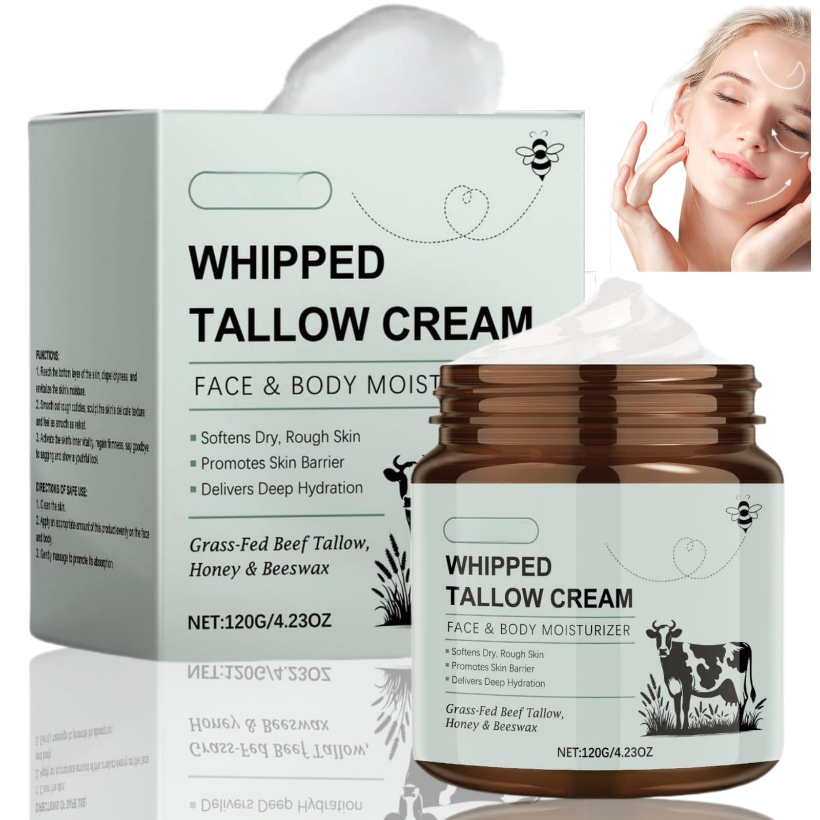 120g Beef Tallow for Skin Care,Beef Tallow Face Cream,Skin Care for Dry Sensitive Skin,Long-Lasting Moisturizer Body Lotion,Face & Body Hydration Softens Dry Skin Nourishing,Suits for All Skin Types