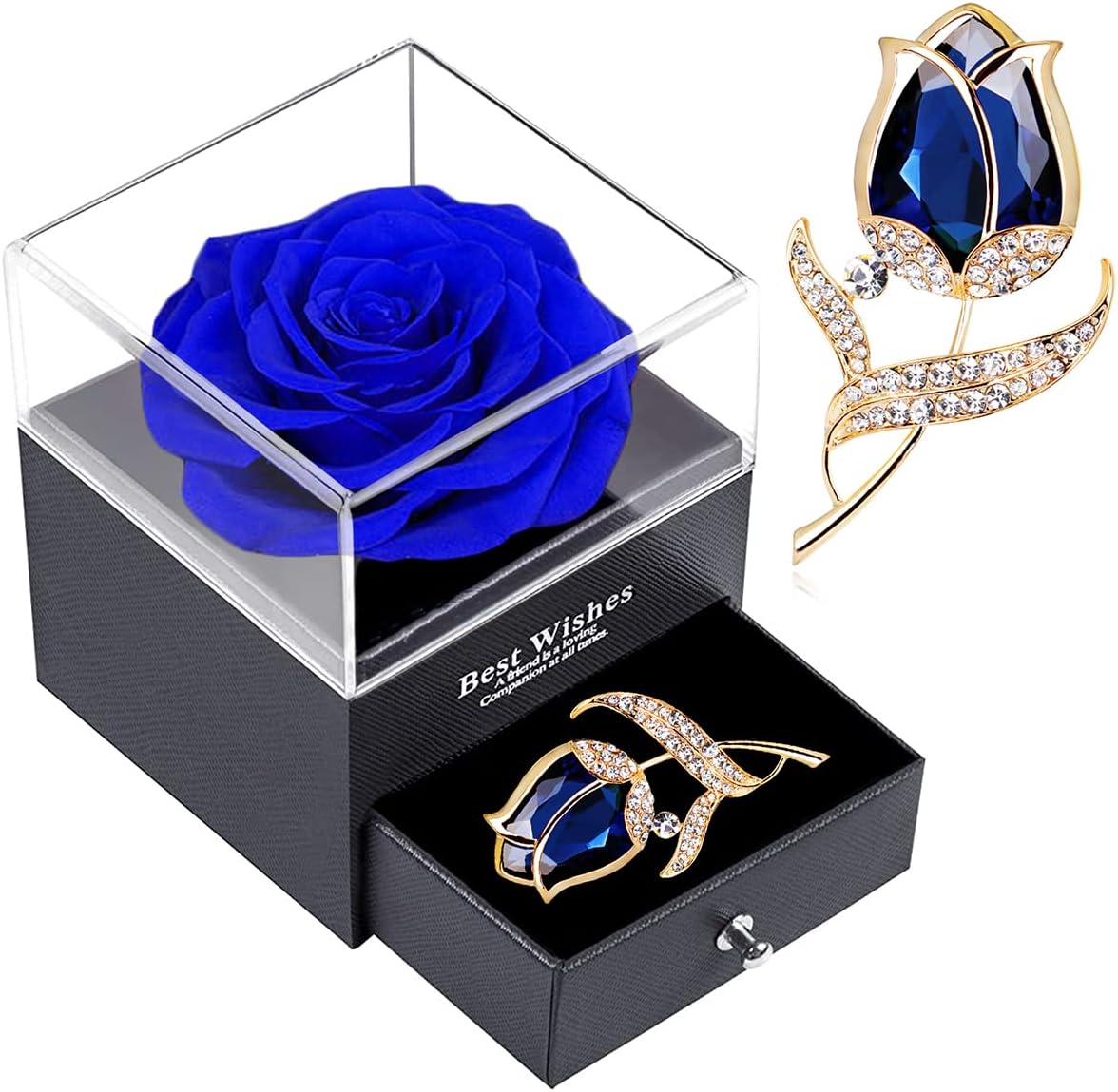 Preserved Real Rose Gift Box,Eternal Single Blue Roses in a Box with Brooch,Forever Everlasting Flower for Mum Women and Wife on Mother's Day Anniversary Valentine's Day.