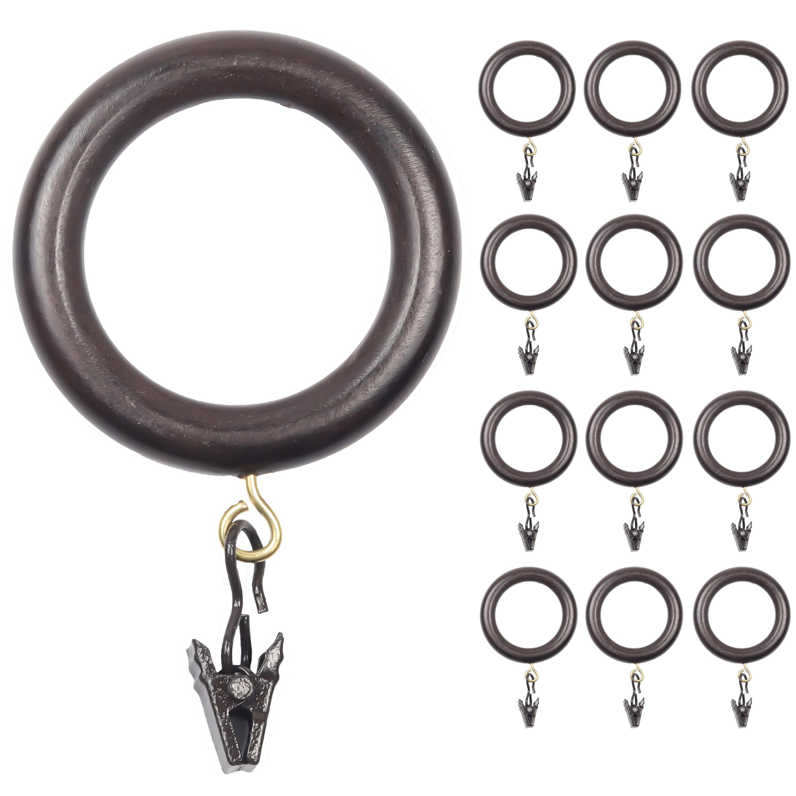 Anillos de madera retro para cortinas de 1.75 pulgadas con ganchos paquete de 24 piezas