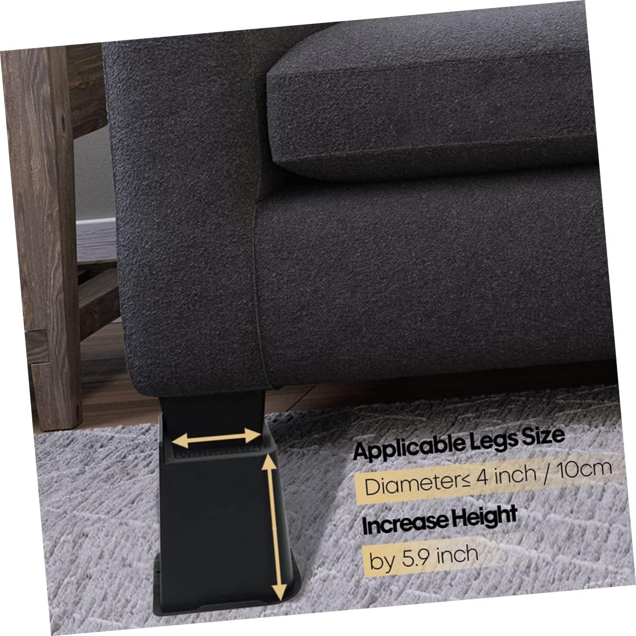 4pcs Skid Rubber Furniture Risers Heavy Duty Chair and Couch Leg Elevators for Stability and Floor Protection for Sofas Tables and Beds