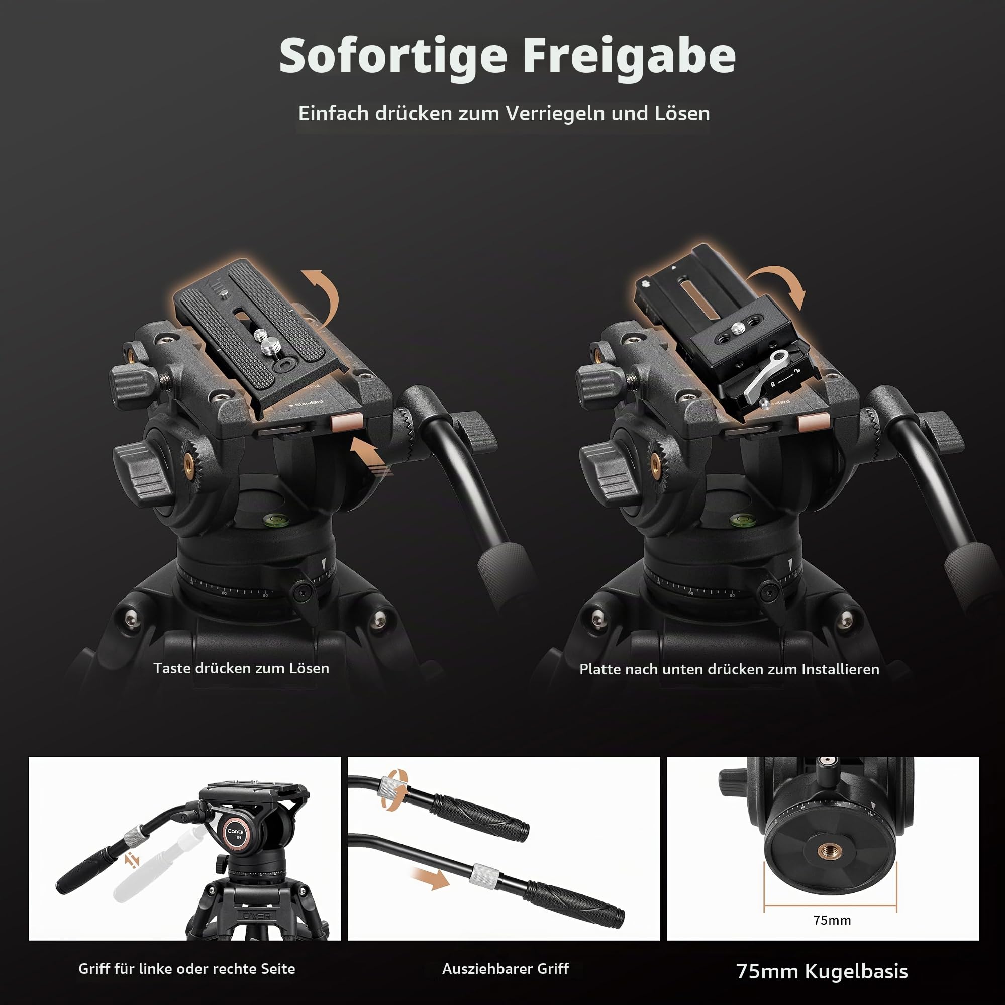 Cayer Video Stativ Fluid Kopf mit Schnellwechselplatte, Teleskopgriff & skalierte Basis für spiegellose, Video-Kameras und DSLRs, kompatibel mit Gimbal Platte für DJI RS Serie, K6