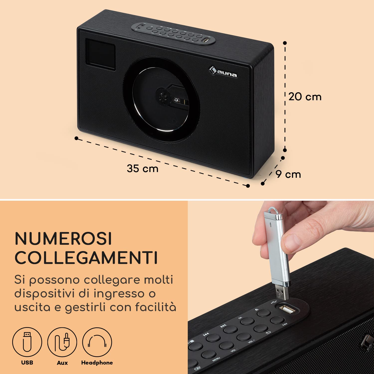 Vertico Radio Stereo Casa DAB/FM/DAB+ Bluetooth 28W Lettore CD Display LCD Radiosveglia Vintage Legno