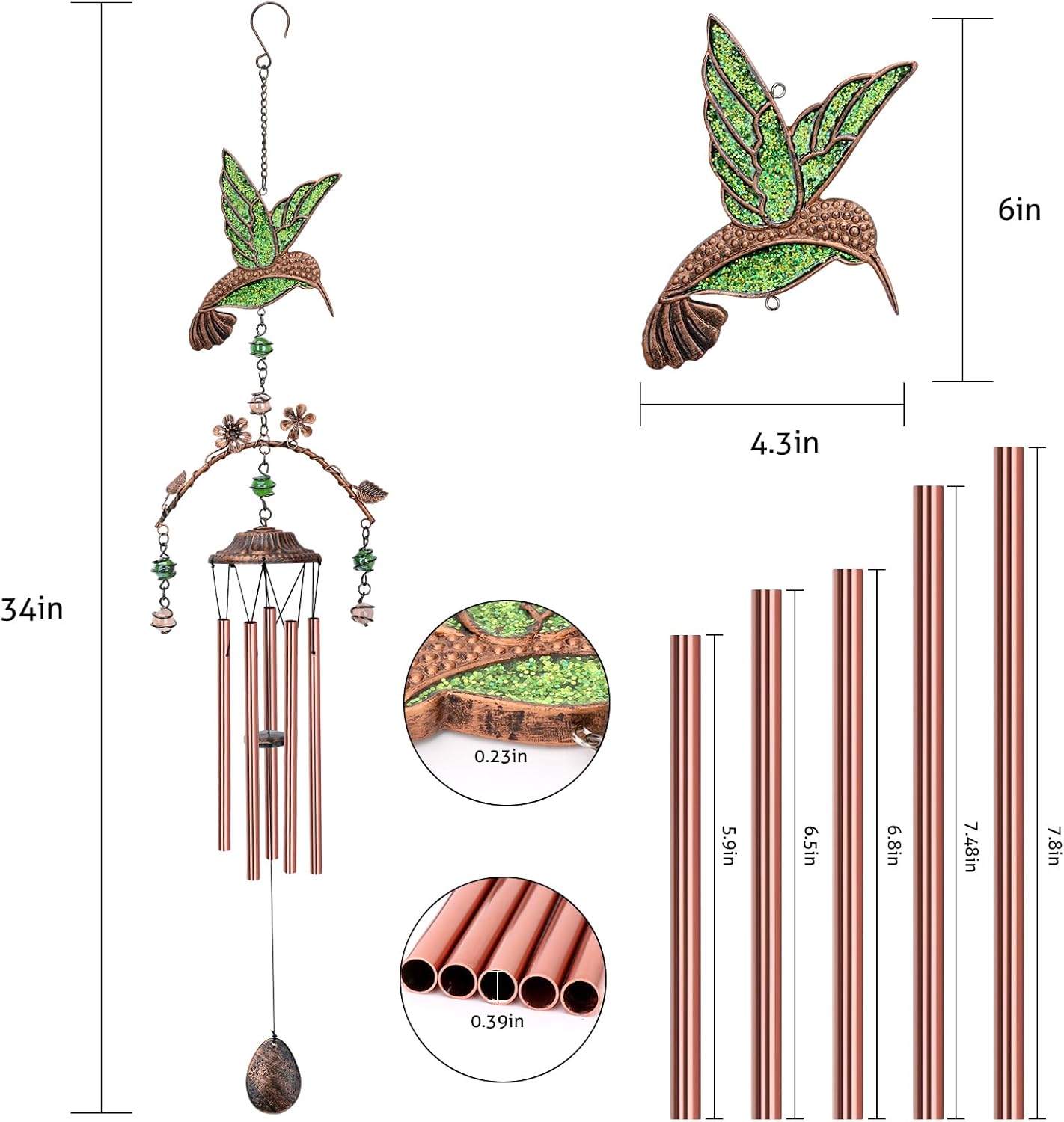 Wind Chimes - Green Hummingbird Wind Chimes for Outside Deep Tone 34 inches 5 Aluminum Tubes, Birthday, Memorial, Hummingbird Gifts for Mom, Grandma, Decorations for Home, Garden, Patio, Backyard - Image 8