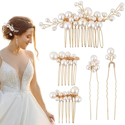 Peine de pelo de novia con perlas de 5 piezas, clip de pelo de novia en forma de U, peines laterales de novia de perlas sintéticas, peine de pelo