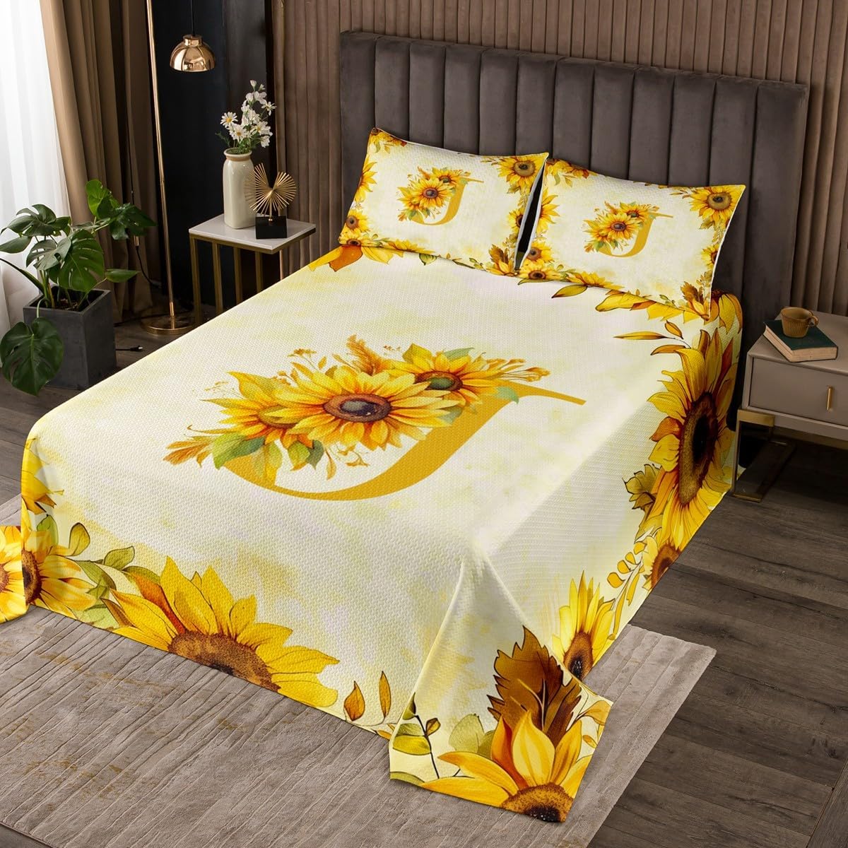 jejeloiu Floral Print Bedspread Quilts Yellow Initial J Coverlet Set Twin Size for Kids Boys Girls Sunflower Quilted Coverlet for All Season with 1 Pillowcase Microfiber