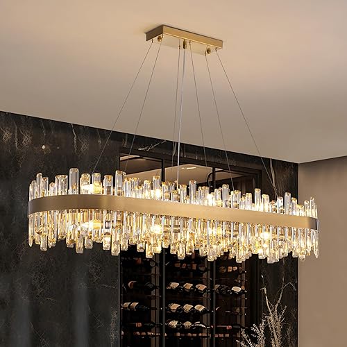 Siljoy Modern Crystal Chandeliers, Brushed Gold Rectangle Crystal Chandelier Light Fixture, Luxury Raindrop Pendant Ceiling Light for Dining Living Room Kitchen Island, E12 x 20 Lights, L52''