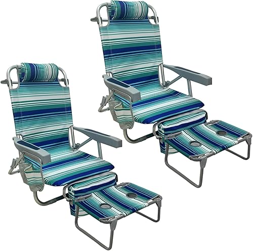 Silla de playa tipo mochila de aluminio, paquete de 2 con mesa de camping plegable, 5 posiciones, silla de descanso plana para exteriores para