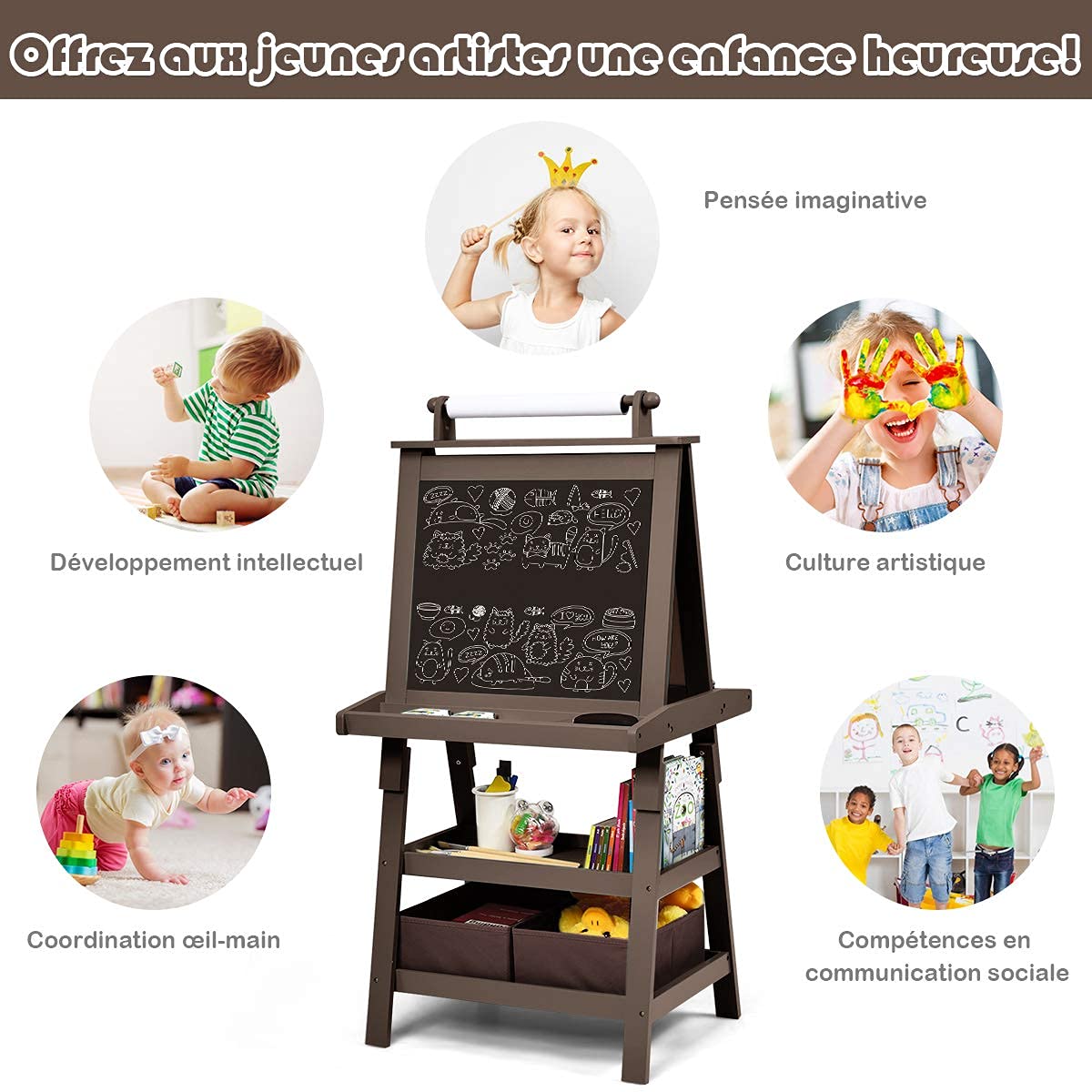 COSTWAY 3 en 1 Tableau Enfants Double Face avec Rouleau de Papier, Chevalet Enfants avec 2 Etagères et 2 Boîtes de Rangement, Structure Triangulaire, Jouet de Dessin pour Enfants de 3 Ans+