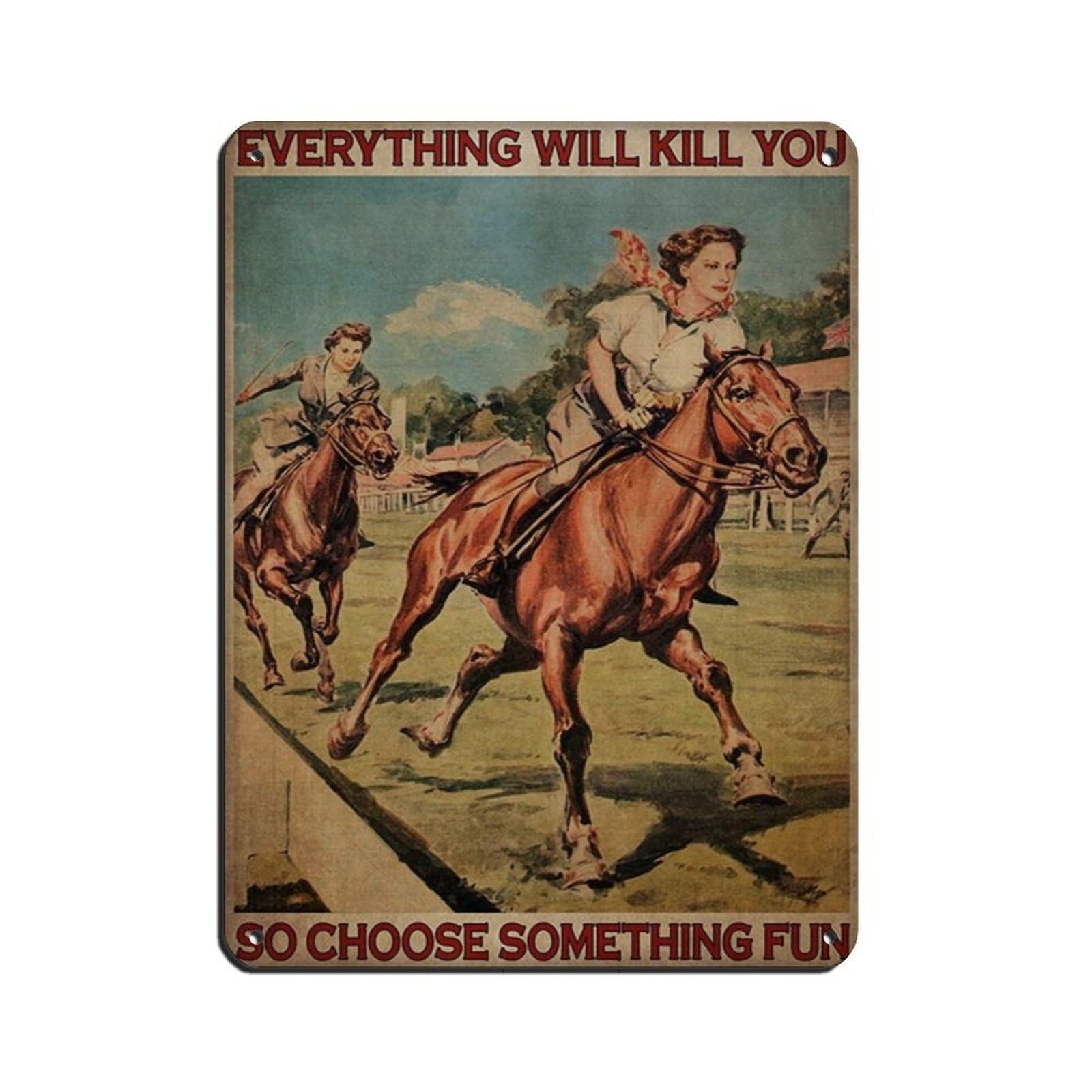 Cowgirls Horse Racing,Girl Horse Poster Retro Poster Metal Tin Sign Chic Art Retro Iron Painting Bar People Cave Cafe Family Garage Poster Wall Decoration 12x16inch(30x40cm)