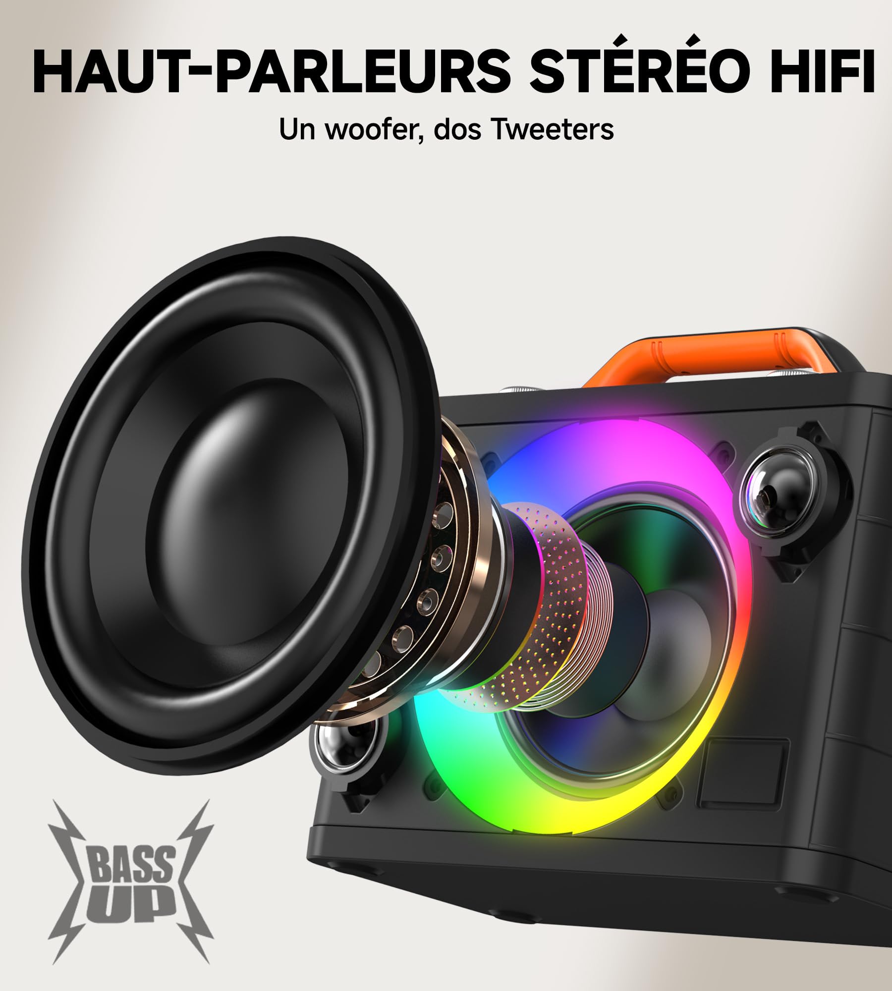 Machine de karaoké avec 2 microphones RVB sans fil - 5200mAh Karaoké avec 10 modes RVB, panneau de contrôle indépendant, 13 heures de lecture, son Hi-Fi, karaoké prend en charge AUX/USB/carte TF/USB