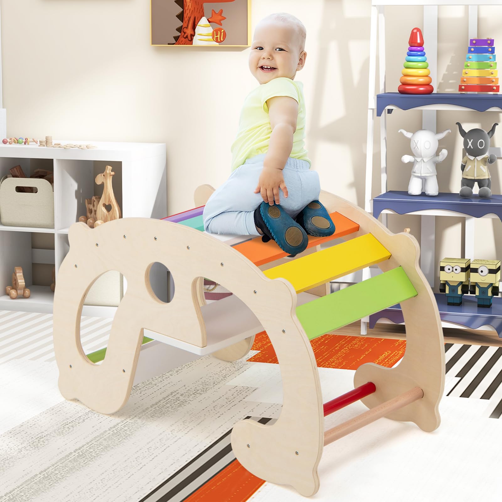 GYMAX 2 in 1 Arco a Dondolo per Bambini, Set Arrampicata Montessori e Cavallo a Dondolo in Legno con Schienale e Sedile, Giostra Interna in Palestra per Giochi Didattici, Regalo per Ragazzi 1+ Anni