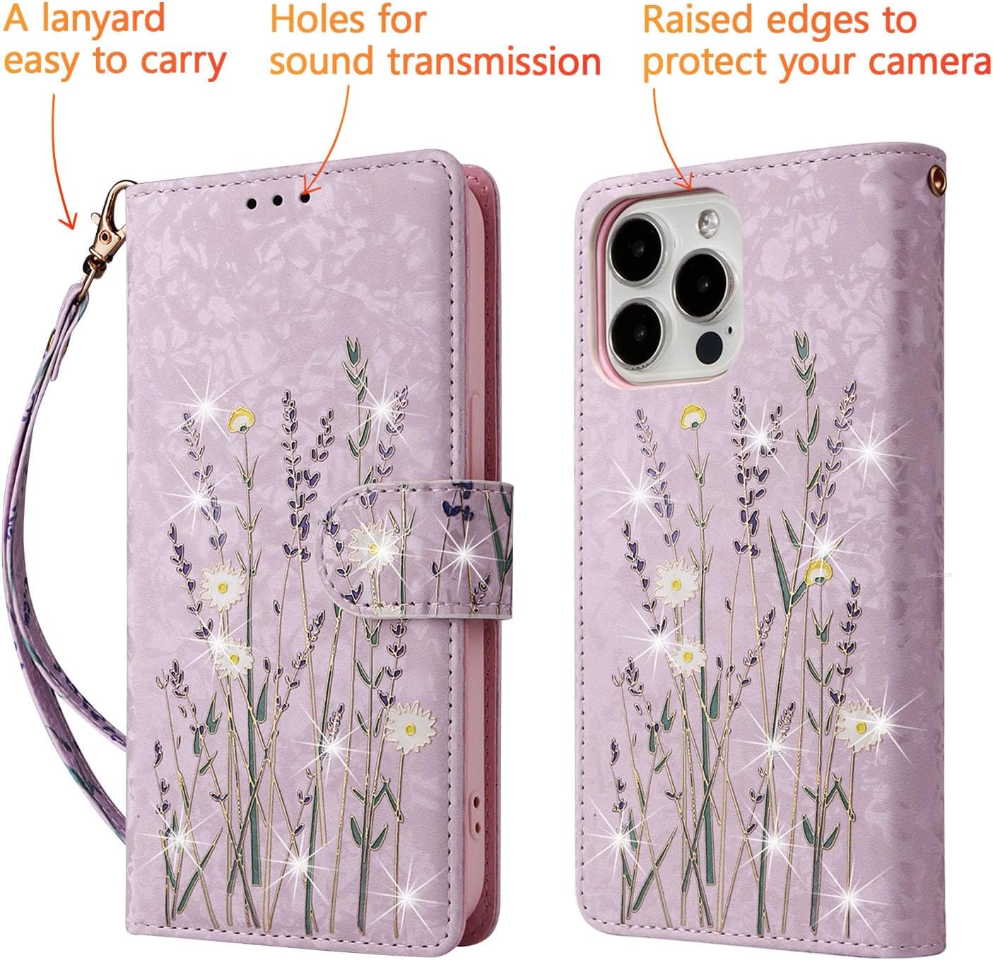 UEEBAI Wallet Case for iPhone 16 Pro, PU Leather Phone Cover Kickstand RFID Blocking Flip Case Card Slots Wrist Strap Relief Engraved Pattern Magnetic Closure Flower Folio Wallet, Lavender - Image 6