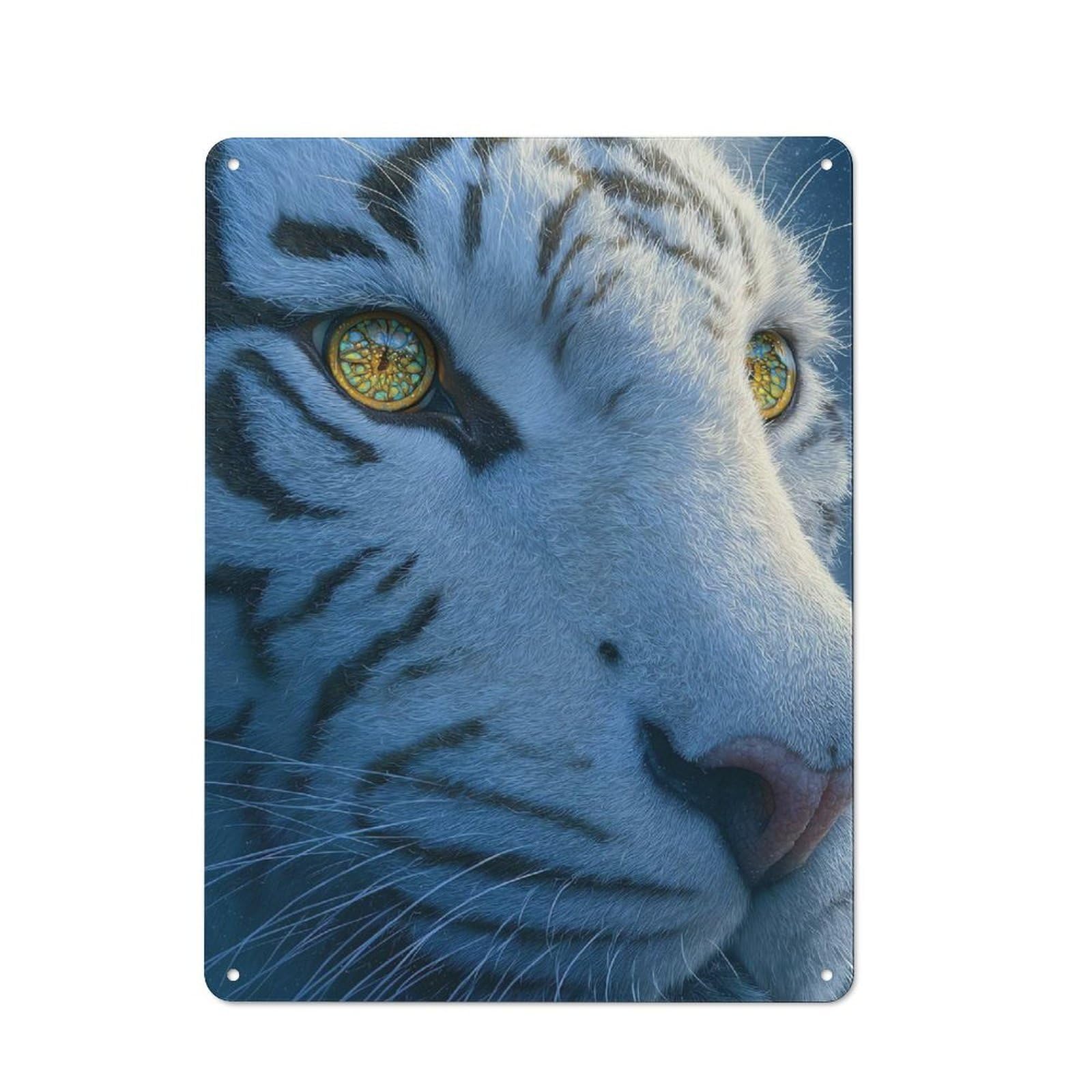 Junmoney Style-19 Vintage Tin Sign 40X30cm With Close-Up Of A White Tiger Face For Home Bar Wall, Metal Sign Decor For Home Bars And Entertaining Spaces