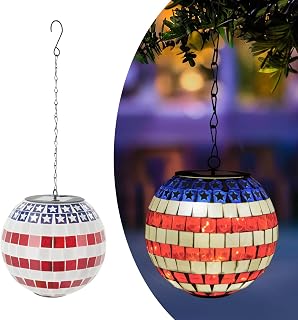 American Flag Solar Hanging Lanterns Outdoor Waterproof Glass Mosaic Gaz...
