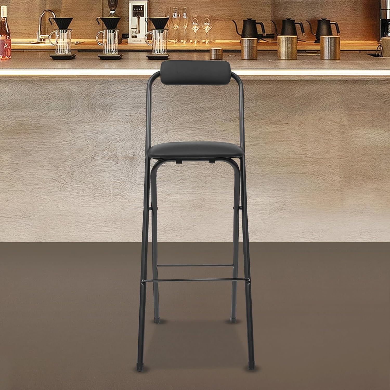 Foldable Bar Stool with Backrest, 27.5‘’ Tall Folding Chair, Heavy Duty Portable Counter Stool with Padded Seat and Back, Space-Saving Foldable Design for Kitchen, Office, Cafe (Black)